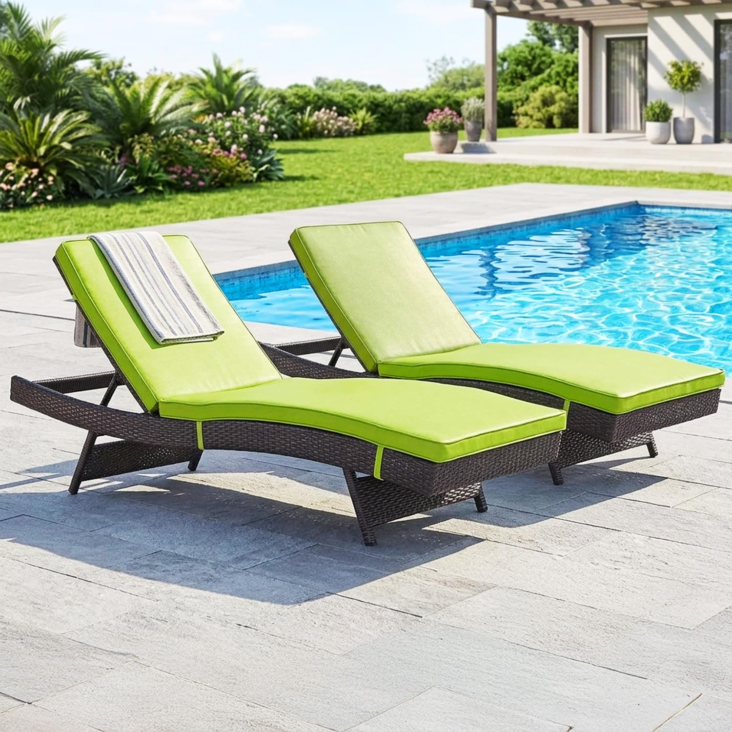 DEVOKO EVOKO Outdoor Wicker Set of 2 Reclining Loungeer with Adjustable Backrest All Weather Comfort Weatherproof Cushions & Durable Metal Frame for Poolside, Garden (Dark Brown & Green)