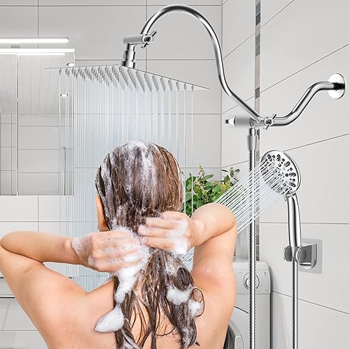 Miniatura 8 de Hibbent Cabezal de ducha cromado de 7 pulverizaciones de 8 pulgadas con brazo de extensión curvado ajustable de 12 pulgadas, combo de cabezal de