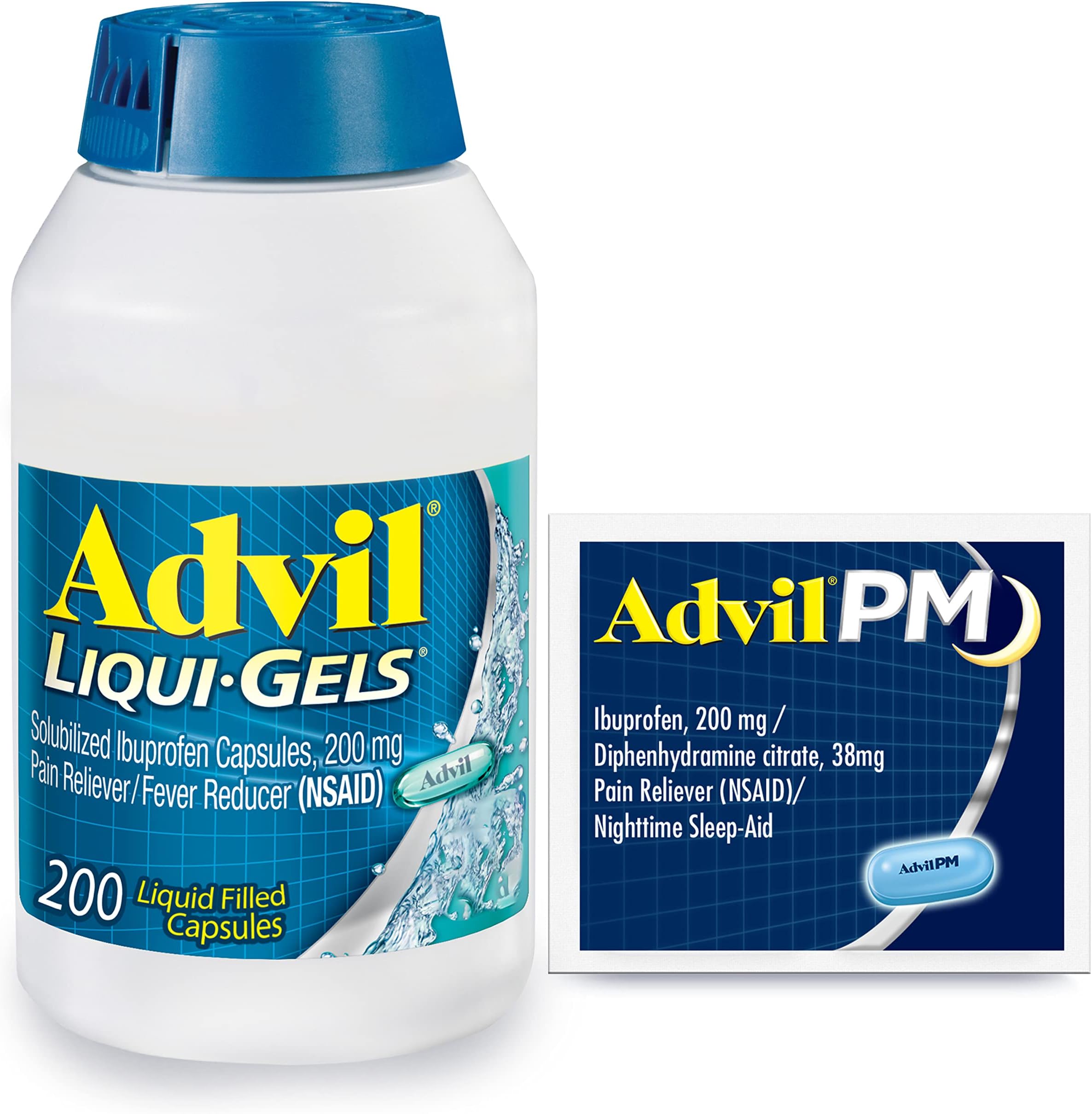 - Advil Liqui-Gels Pain Reliever and Fever Reducer, Pain Medicine for Adults with Ibuprofen 200mg for Headache, Backache, Menstrual Pain and Joint Pain Relief - 200 Capsules, Advil PM Ibuprofen - 2 Ct