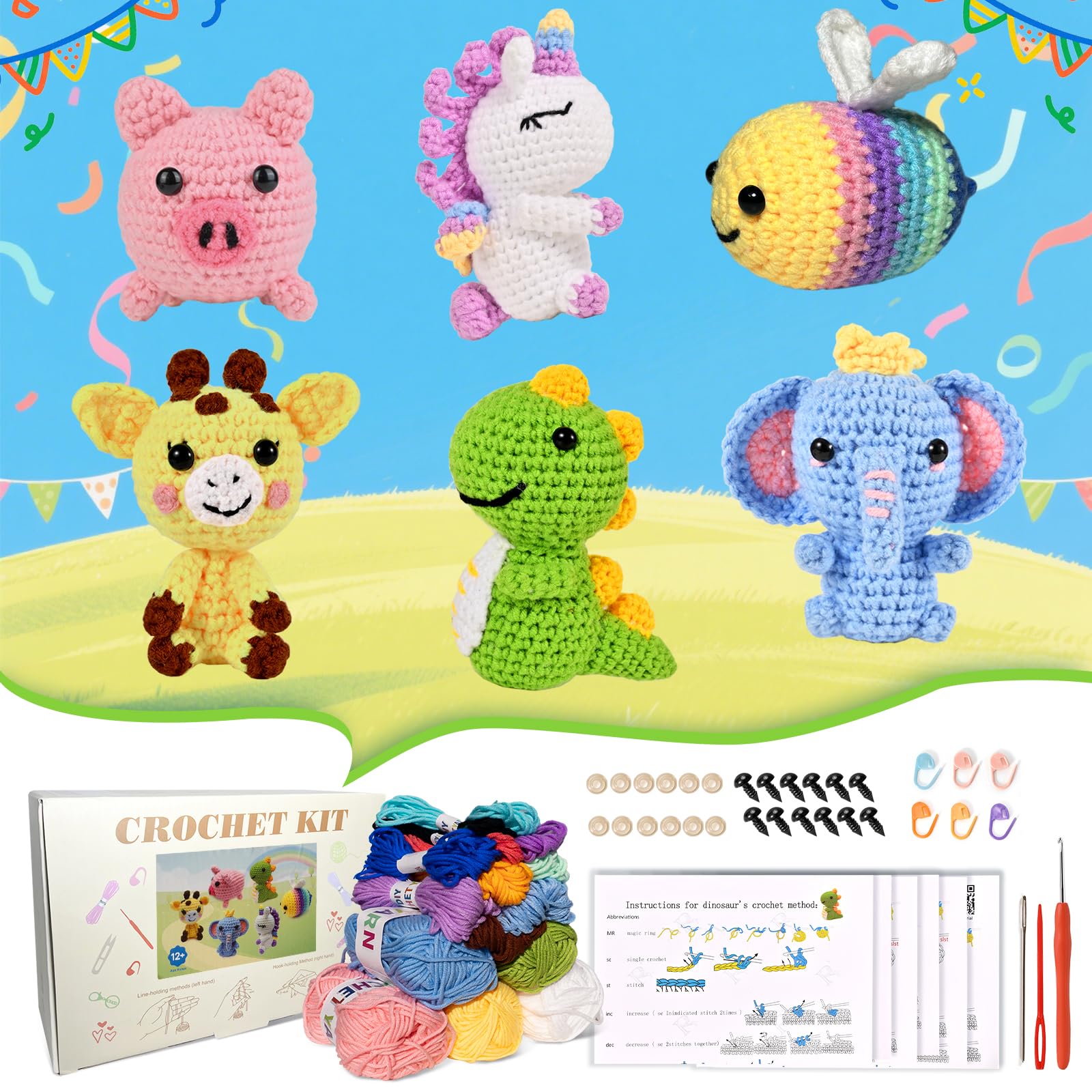 Alutaba 6Pcs Crochet Kit for Beginners Adults, Crochet Animal Kits for Adults and Teens with Step by Step Videos Tutorials, Knitting Kit for Crochet Lovers Great, DIY Handmade Crochet Kit Dolls
