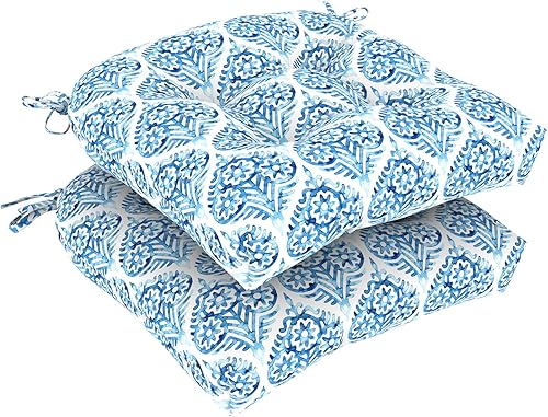 Juego de 2 cojines para sillas de exterior de 19 x 19 x 5 pulgadas, cojines de asiento copetudos repelentes al agua con lazos, almohadillas de