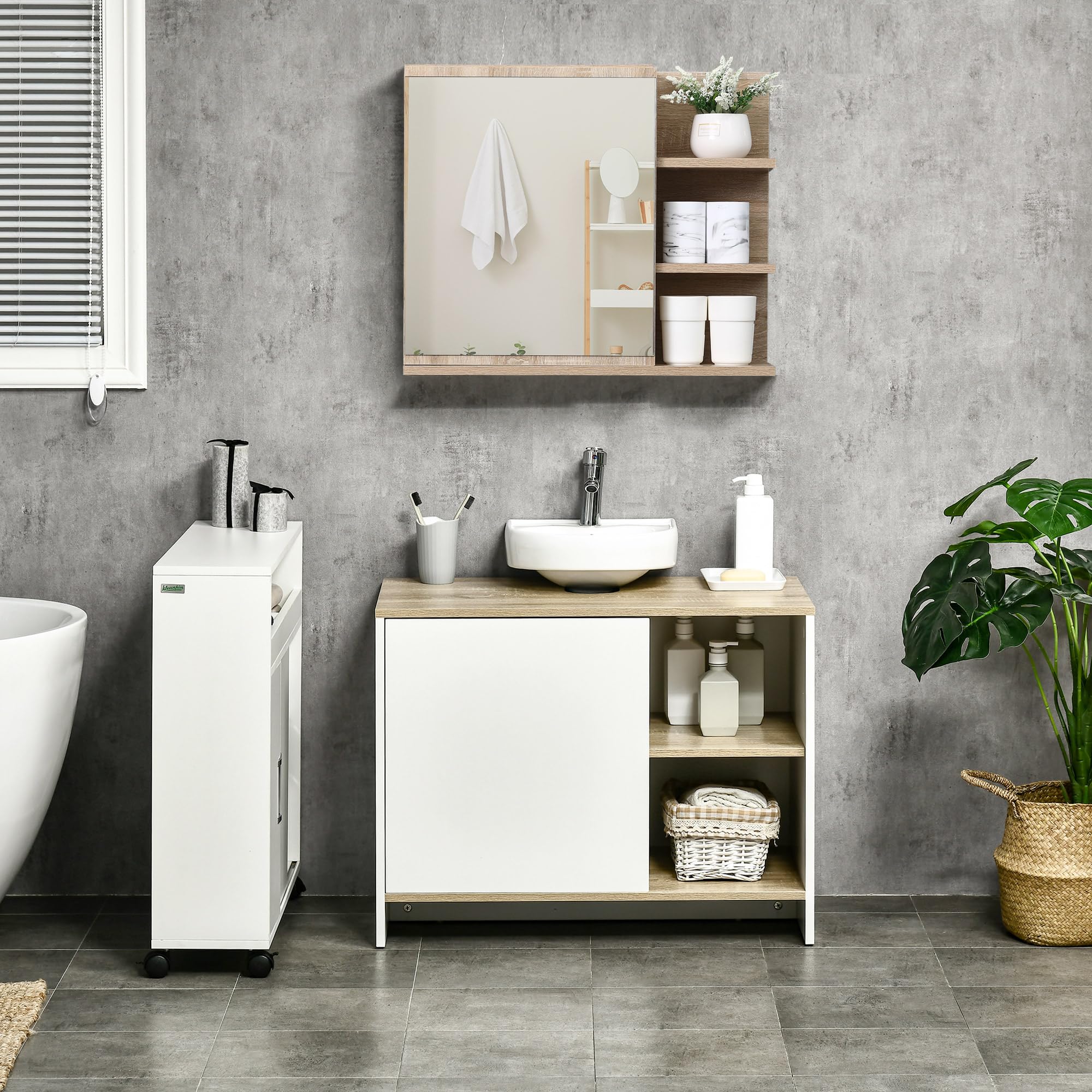 kleankin Set Arredo Bagno 2 Pezzi Specchiera Sottolavabo Color Legno | Mobile Specchiera con 3 Ripiani Aperti, Mobile Sottolavabo con 2 Ripiani Aperti e Armadietto, Truciolato e Vetro