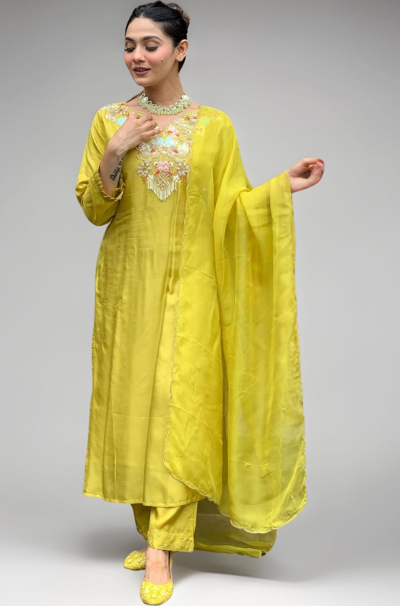 Women's Chanderi Silk Salwar Suit with Dupatta - Floral Embroidered Kurta Trouser Set - Yellow