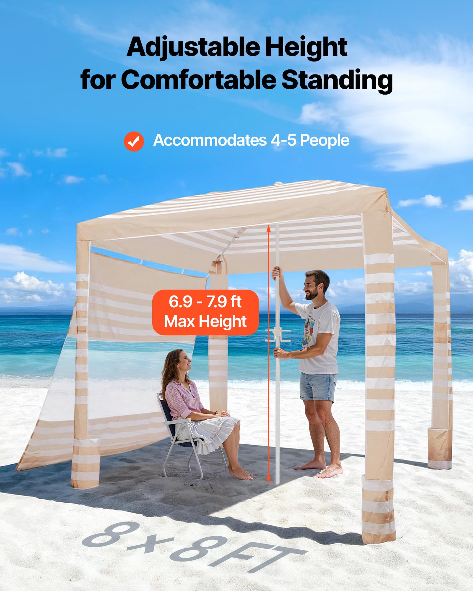 VEVOR Cabaña de Playa de 2,4 x 2,4 m, con Pared Lateral, Protección Solar UPF 50+, Incluye Sacos de Arena, Altura Ajustable y Portátil, Ideal para Toda la Familia y Amigos, Rayas Caqui y Blanco