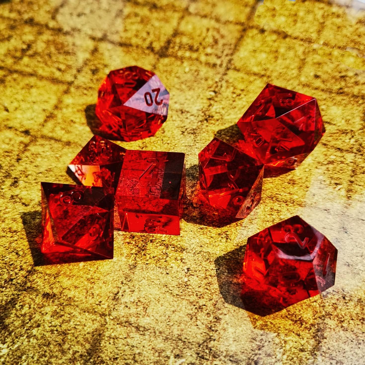 Bescon Crystal Clear (Unpainted) Sharp Edge DND Dice Set of 7, Razor Edged Polyhedral D&D Dice Set for Dungeons and Dragons Role Playing Games, Ruby Color