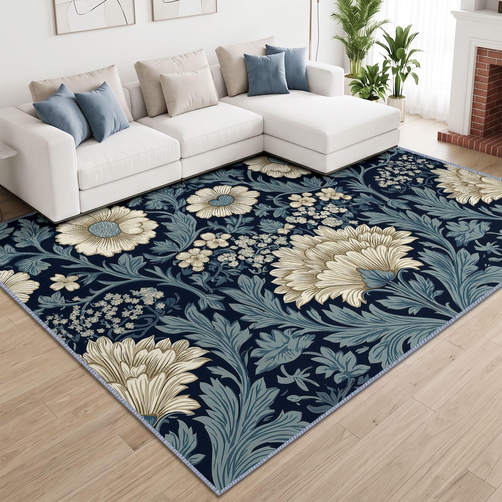 Alfombra botánica vintage lavable para sala de estar, 160 x 230 cm, diseño floral, color blanco cremoso, alfombra antideslizante de pelo corto, alfombra para comedor, cocina, oficina en casa