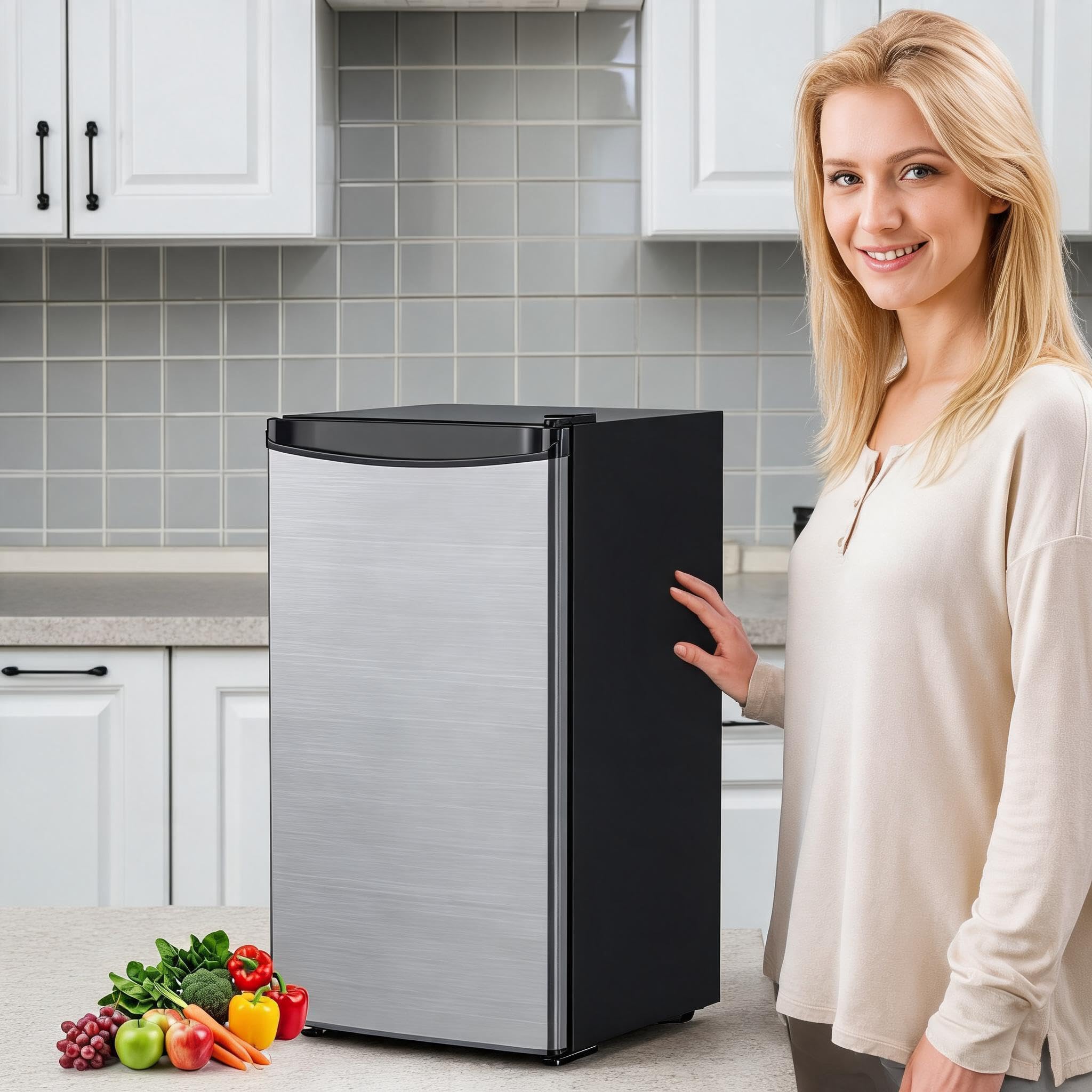 Kompakter Kühlschrank 45 Liter, Geräuscharmer Mini-Kühlschrank mit Edelstahlfront, 5 Kühlstufen (0–18 °C), herausnehmbares Gemüsefach, höhenverstellbare Standfüße, Für Zimmer, Büro