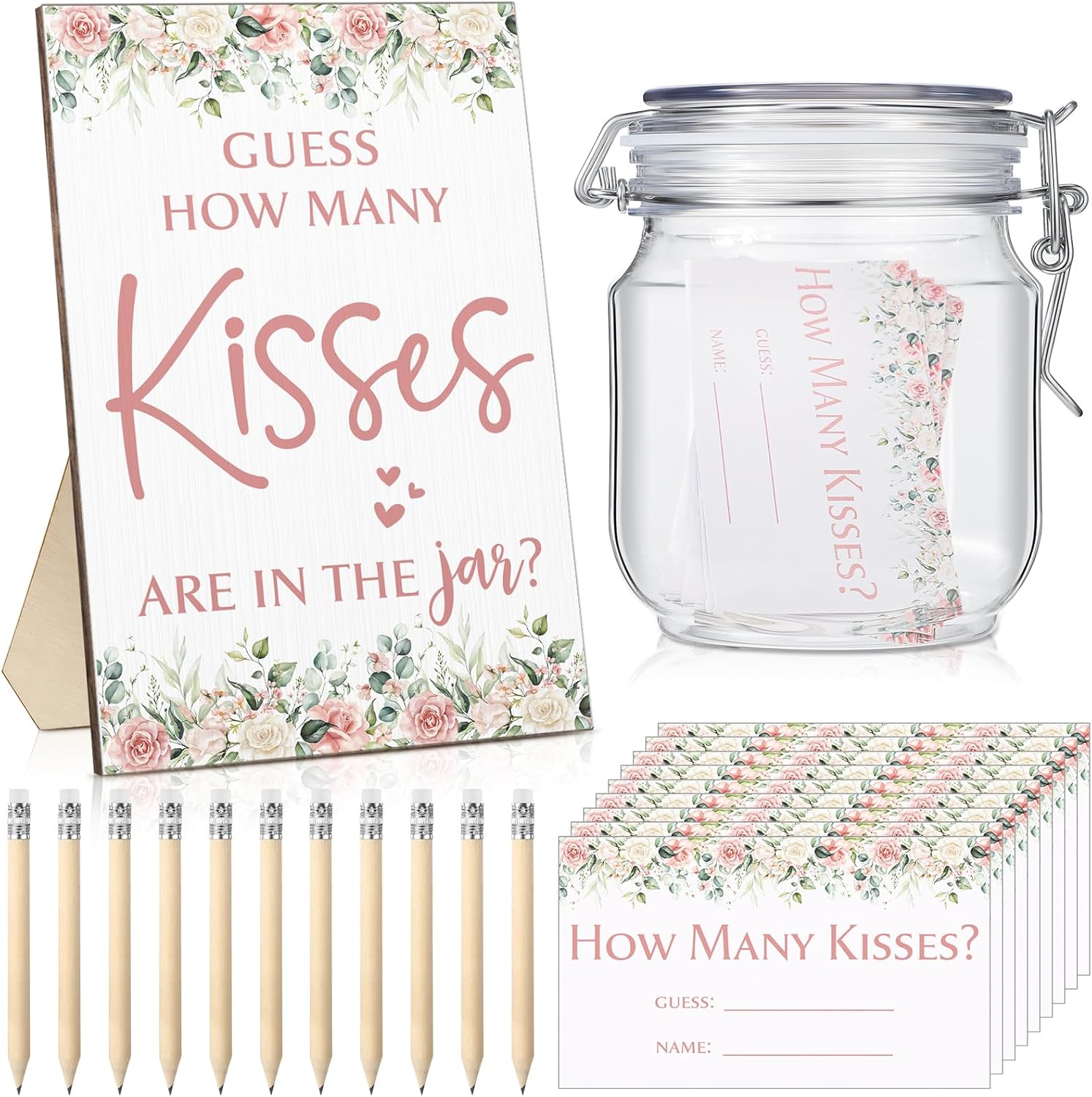Yousoontic 122 Pieces Guess How Many Kisses Bridal Shower Games Include 1 Bridal Shower Wooden Sign 100 Guessing Cards 20 HB Pencils 1 Game Jar for Guests Wedding Party(Flowers)