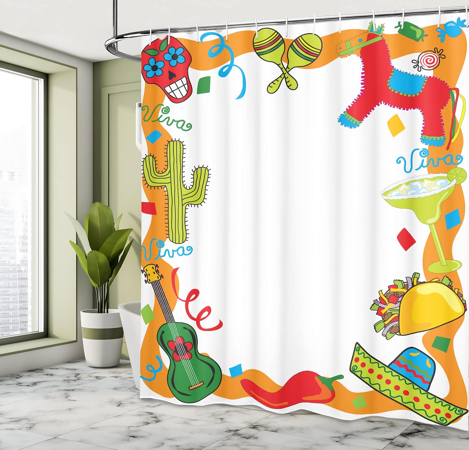 Ambesonne Fiesta Shower Curtain, Cartoon Drawing Style Mexican Pinata Taco Chili Pepper Sugar Skull Pattern Guitar, Cloth Fabric Bathroom Decor Set with Hooks, 69" W x 75" L, Orange White