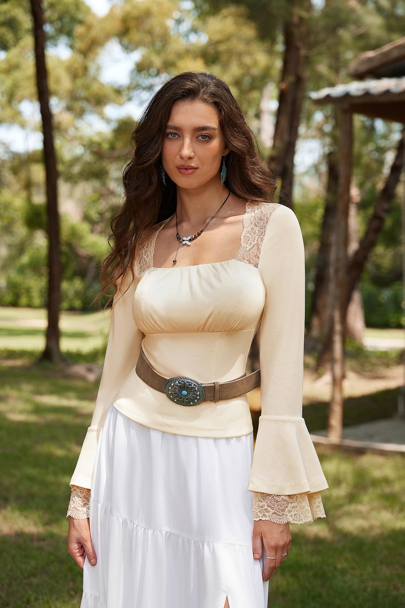 SCARLET DARKNESS Womens Apricot Gothic Lace Shirt Ruched Bust Steampunk Y2K Top Long Sleeve Wedding Date Vintage Medieval Tops XL - Image 4