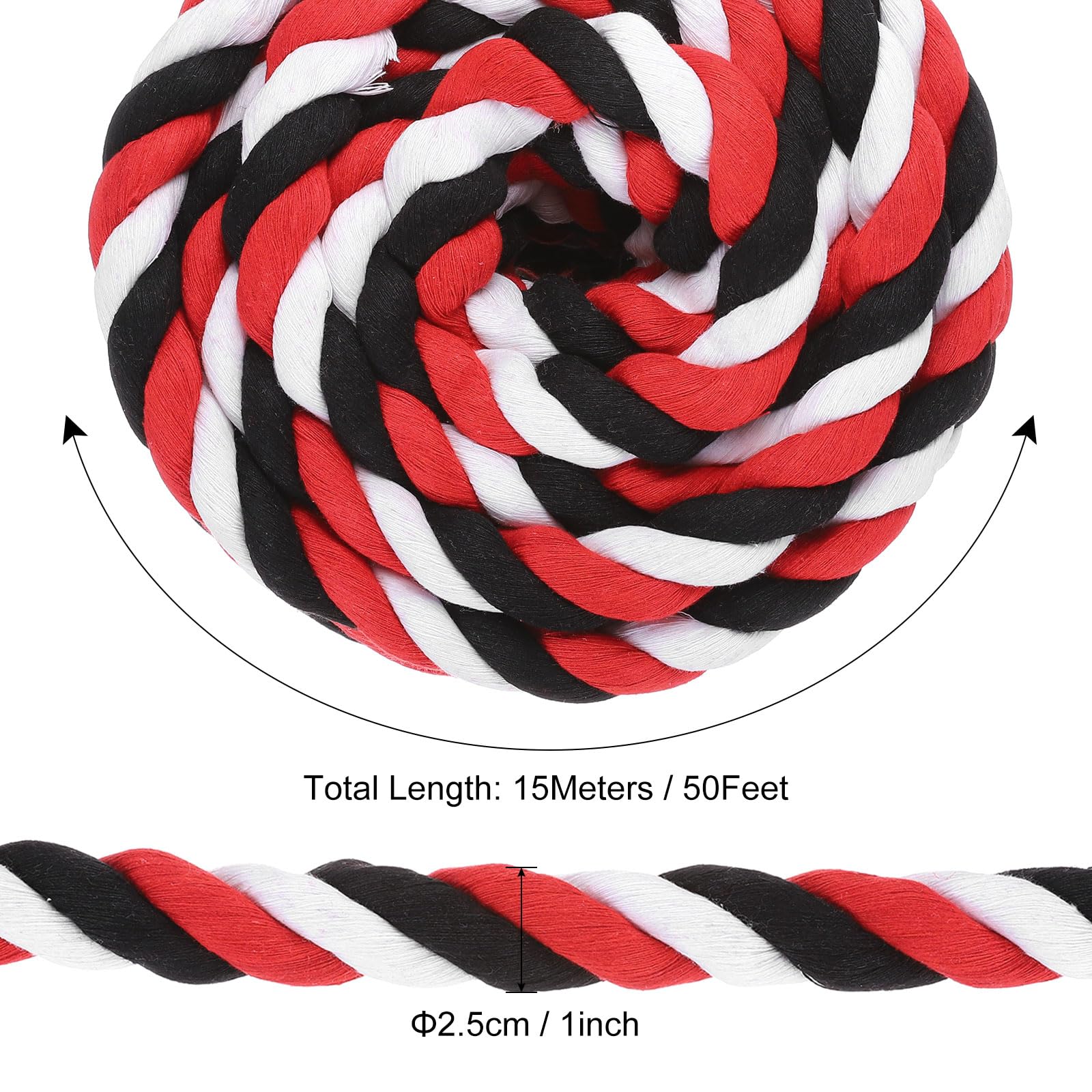 PATIKIL 1 Pulgada x 50 Pies Cuerda De Algodón Natural Trenzada 3 Hebras Fuerte Cuerda De Algodón Gruesa Cuerda De Tira Y Afloja para Barandillas Juegos, Rojo Negro Blanco