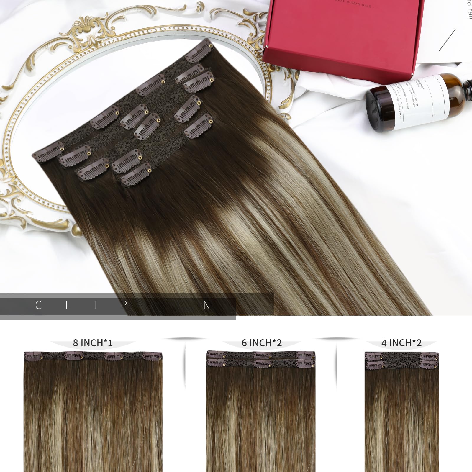 Moresoo Clip in Hair Extensions Real Human Hair Balayage Clip in Human Hair Extensions Dark Brown to Chestnut Brown with Platinum Blonde Clip in Extensions 12 Inch 5 Pieces/80g #4/6/613 - Image 3