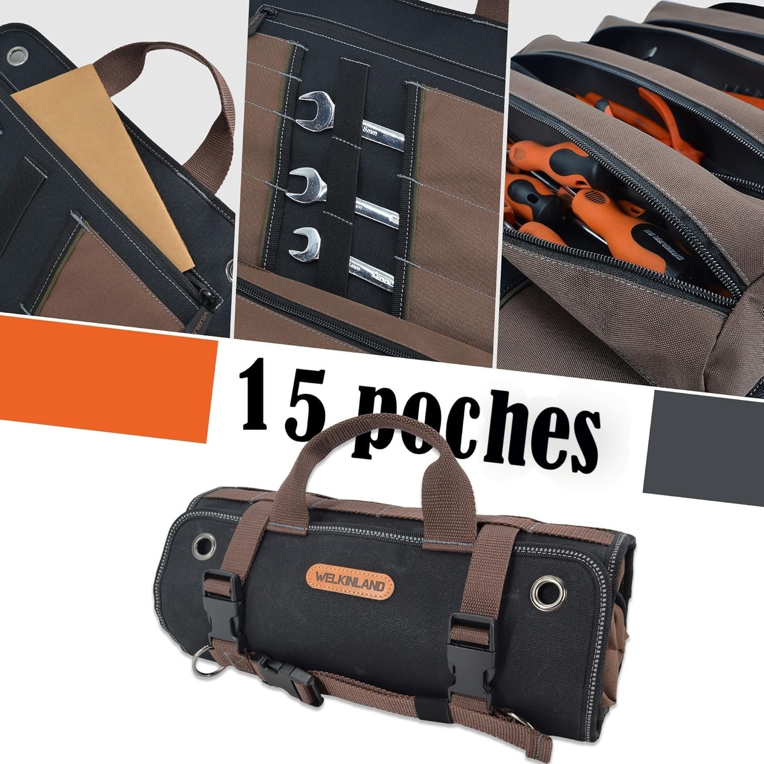 WELKINLAND Rouleau à Outils en Toile Cirée Robuste - 15 Poches, Capacité 15 L, Sac à Outils Enroulable, Organisateur