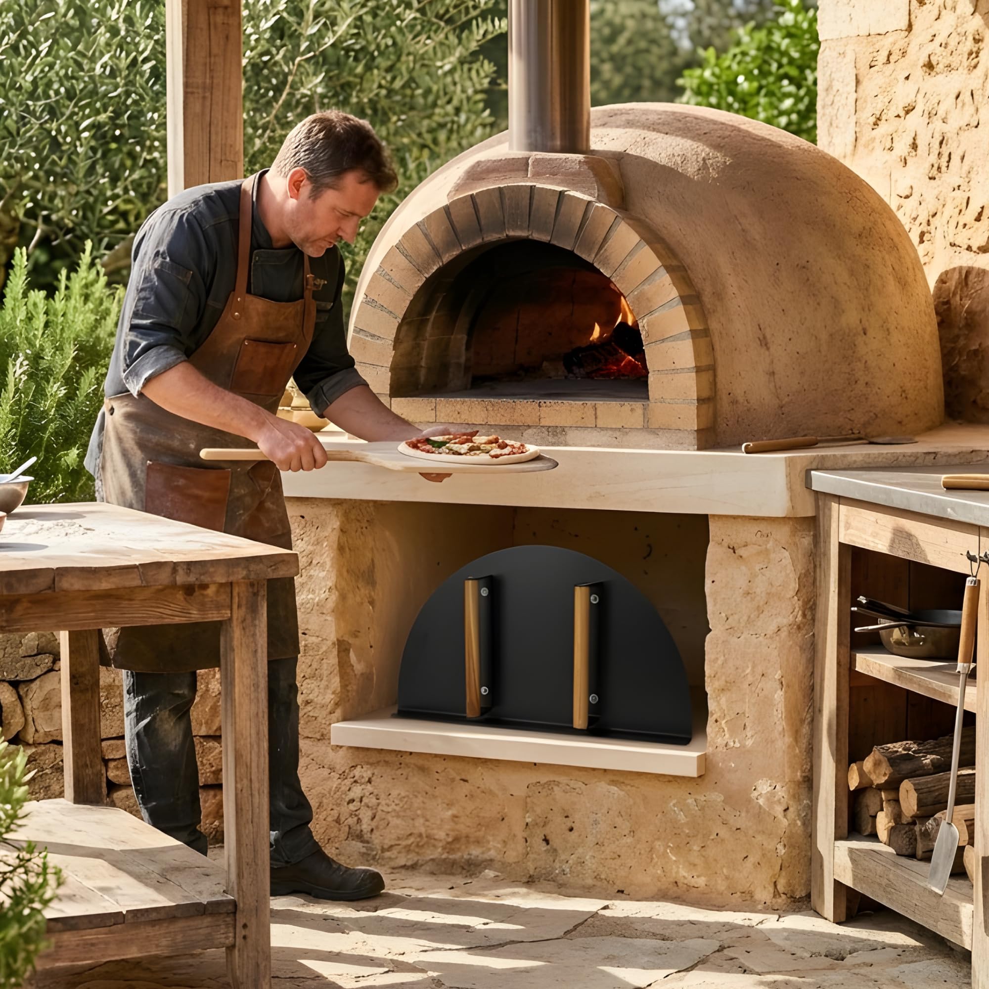 Simond Store Porta del forno resistente in acciaio inossidabile (50,8 cm di lunghezza x 28,9 cm di altezza) con manico in legno, per forno per pizza da interno ed esterno