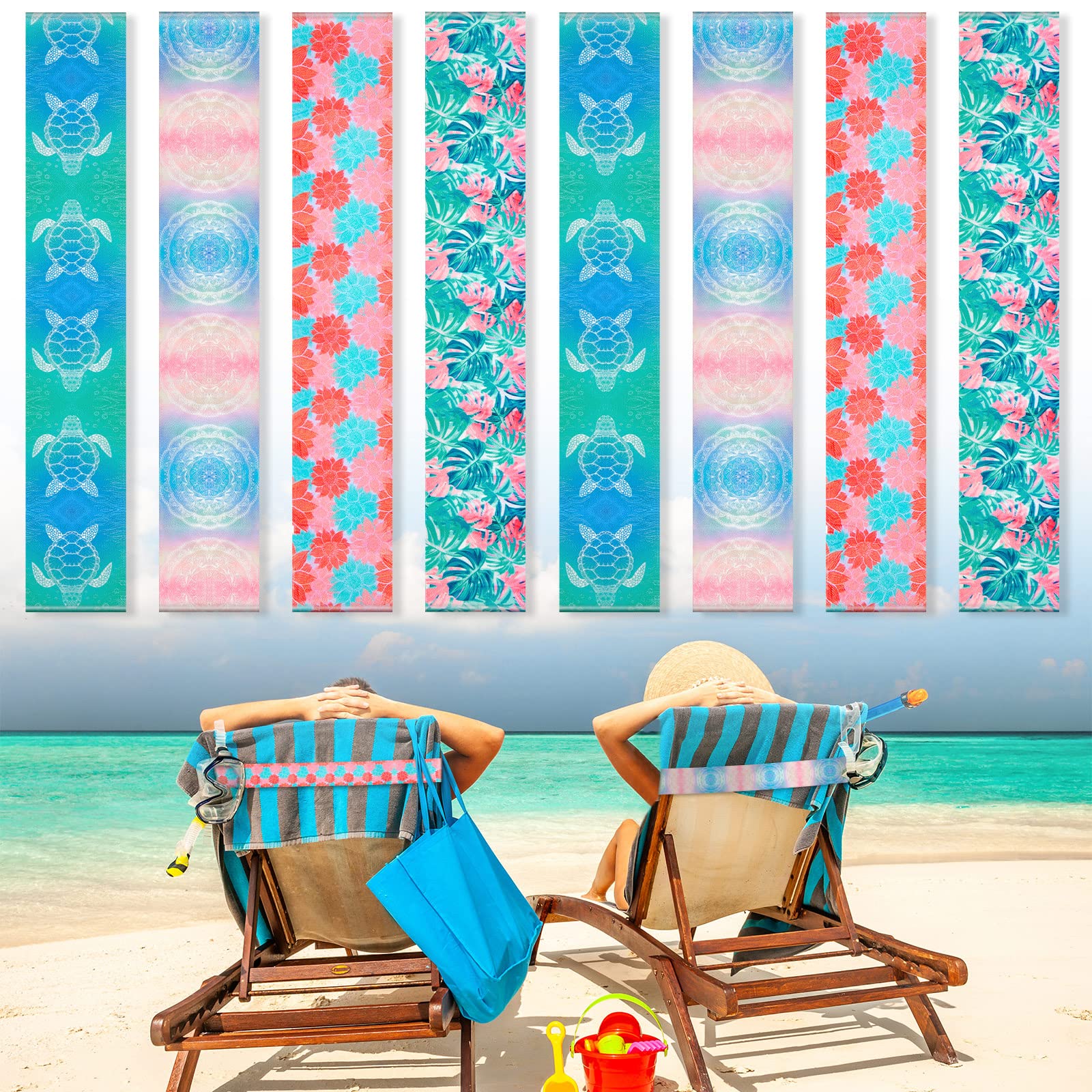 BOAO 8 Pack Towel Bands for Beach Chairs Cruise Clips Lounge Pool Strap Holder Elastic Windproof Accessories Summer (Sea Turtle Style