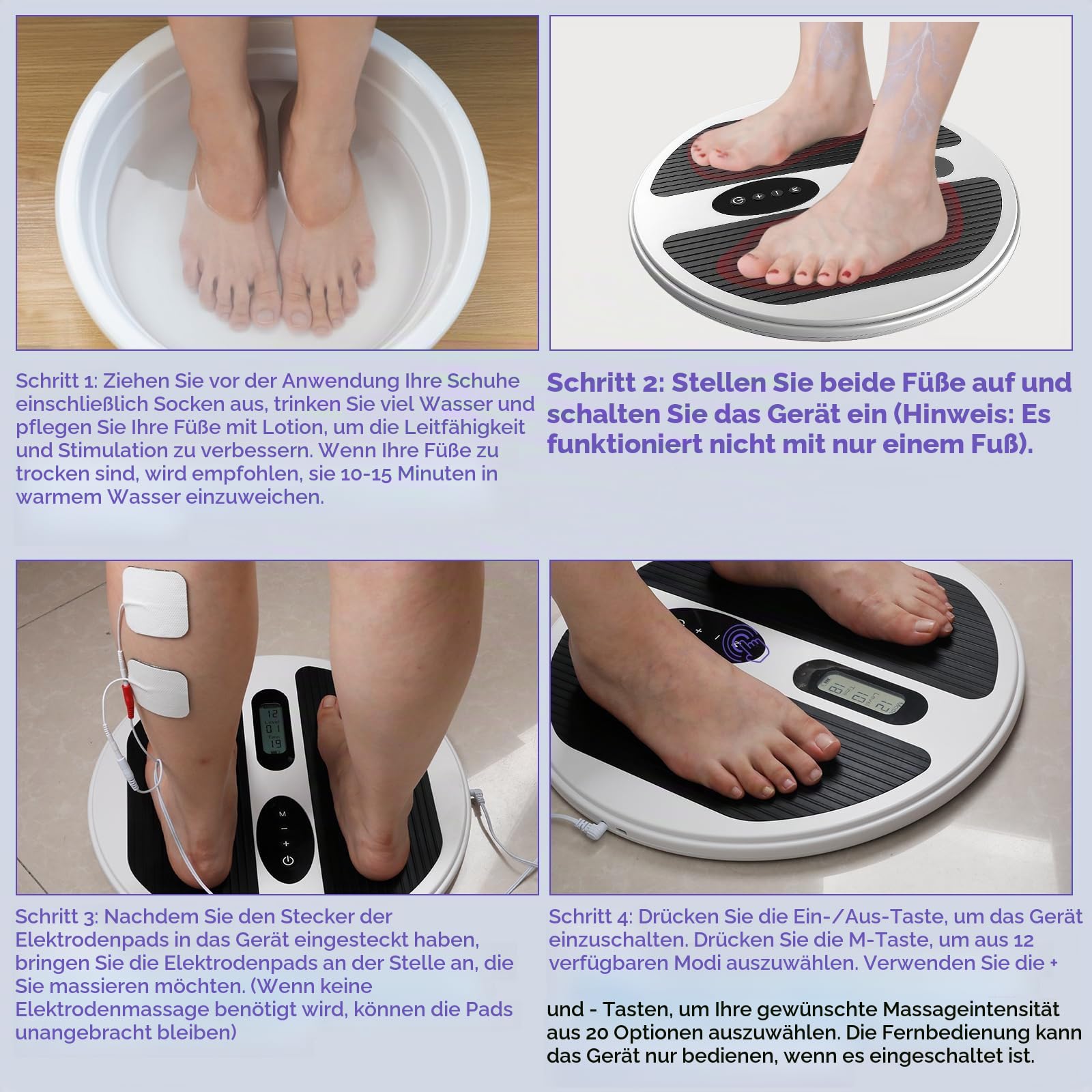 Durchblutungsstimulator für Füße & Beine, EMS & TENS Fußmassagegerät zur Blutanregung mit 4 TENS Pads zu 20 Vibrations Geschwindigkeiten, 12 Modi – Reduziert Schwellungen in Füßen und Knöcheln