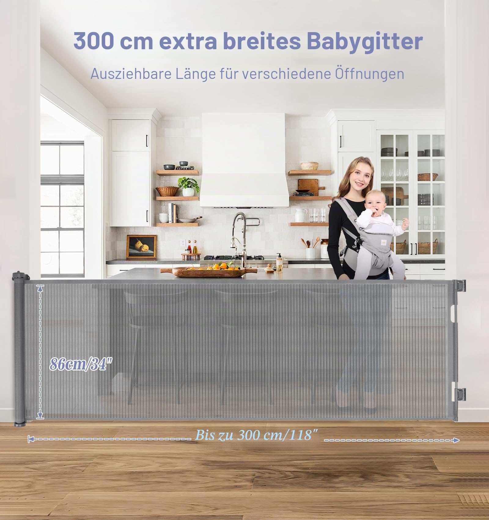 The Fellie Türschutzgitter Ausziehbar Extra Breit 0-300cm Treppenschutzgitter ohne Bohren 86 cm Höhe