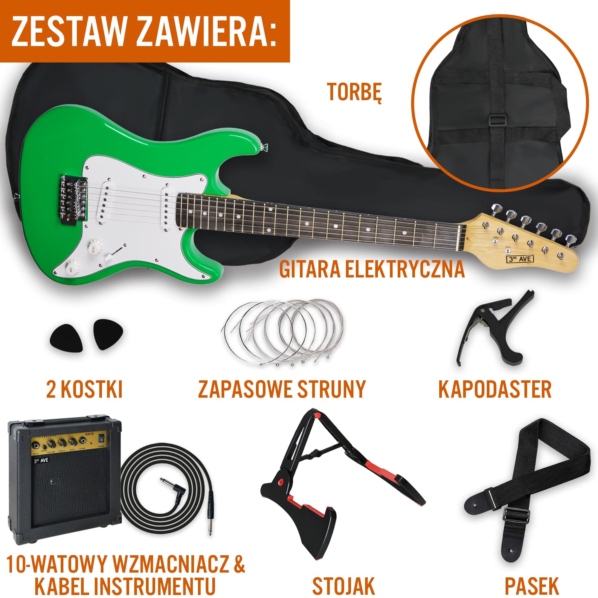3rd Avenue Zestaw gitary elektrycznej, w rozmiarze 3/4 ze wzmacniaczem 10-watowym, kablem, statywem, futerałem, paskiem, zapasowymi strunami, kostkami, kapodastrem – w kolorze Zielony