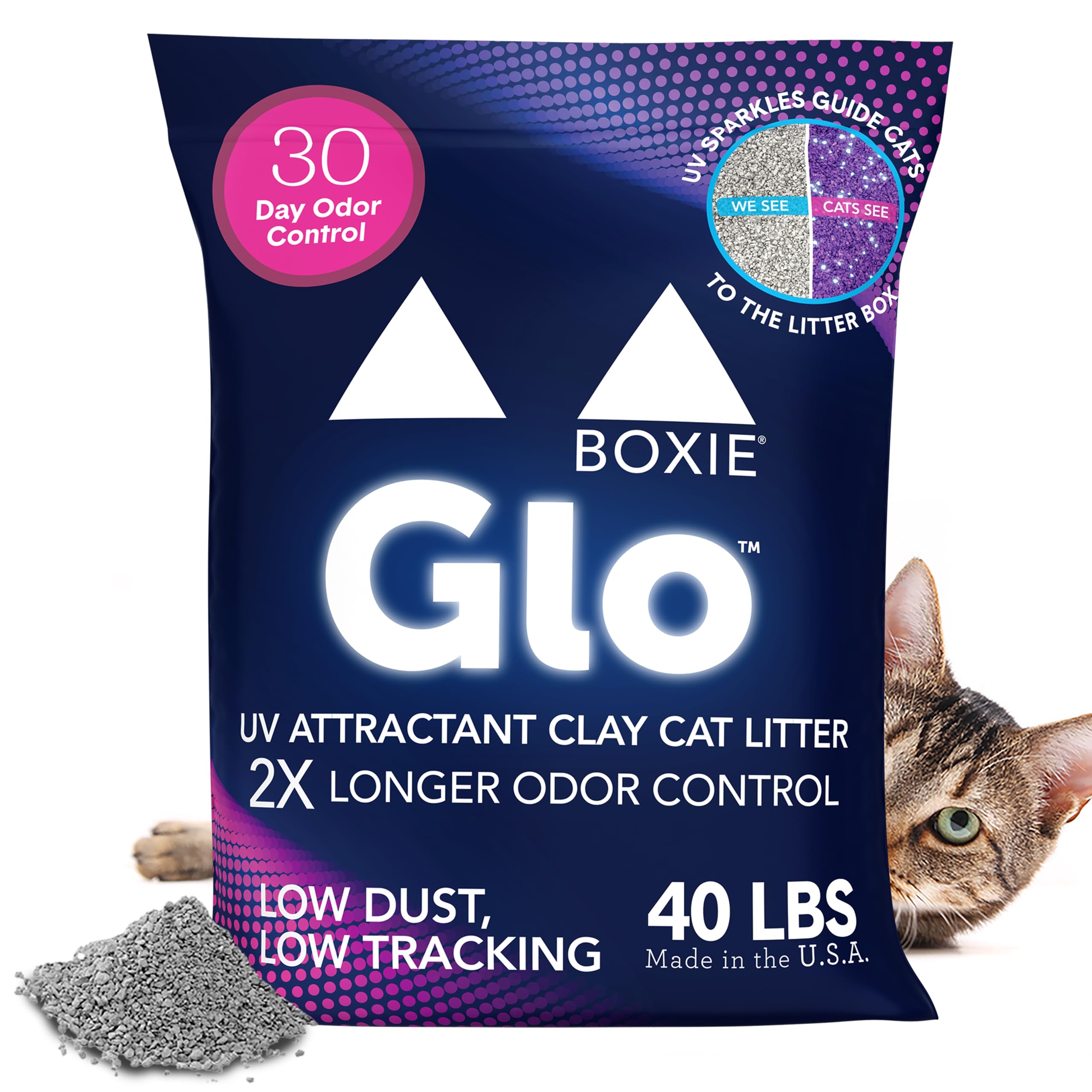 Boxie Glo Clumping Clay 30 Day Odor Control Cat Litter, 99.9% Dust-Free, Low Tracking, UV Light Attractant, 40 lb