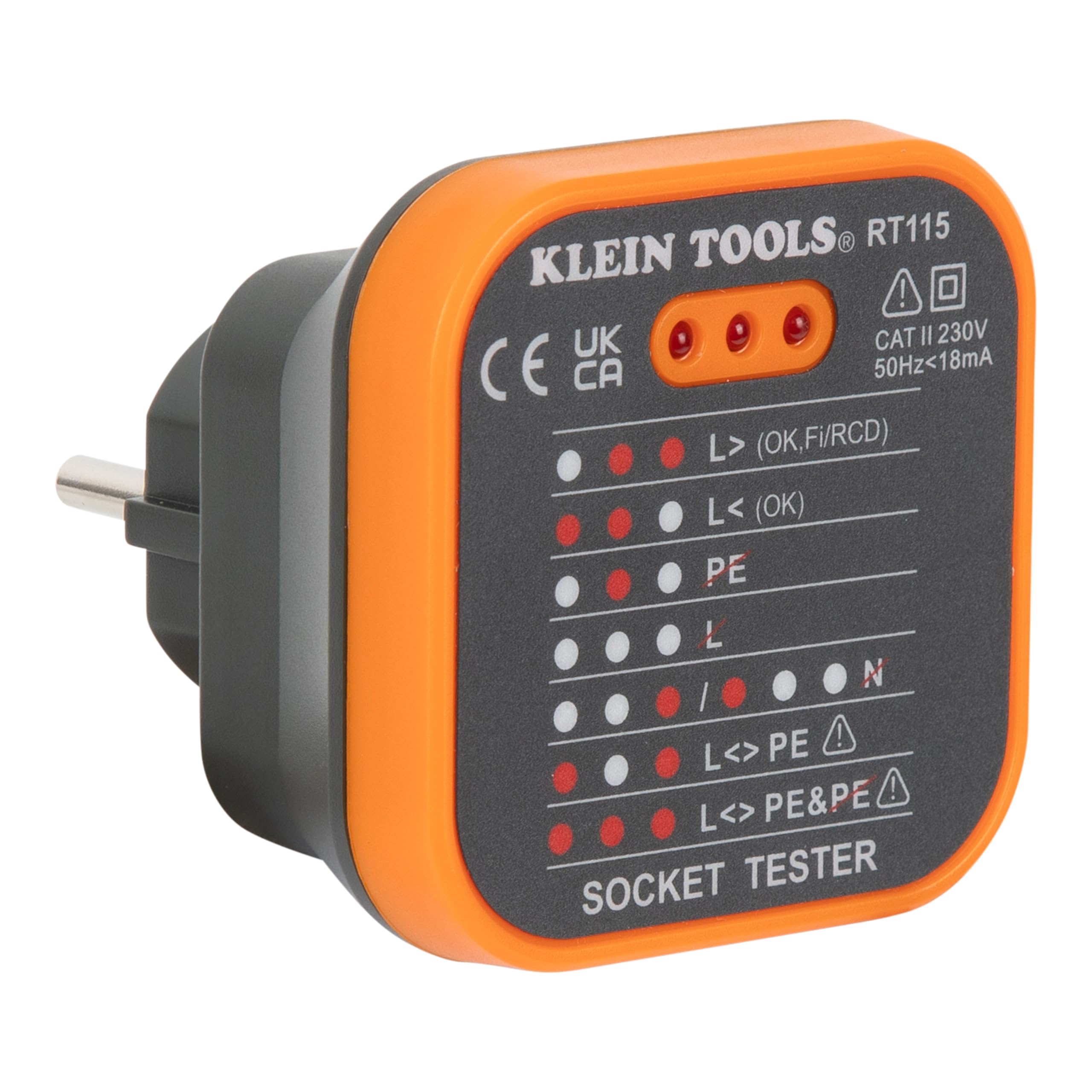 Klein Tools RT115 | Comprobador De Enchufes 230 V Estandar UE | Indicadores LED Estado De Cableado | Deteccion Errores De Conexion | CAT II 230 V