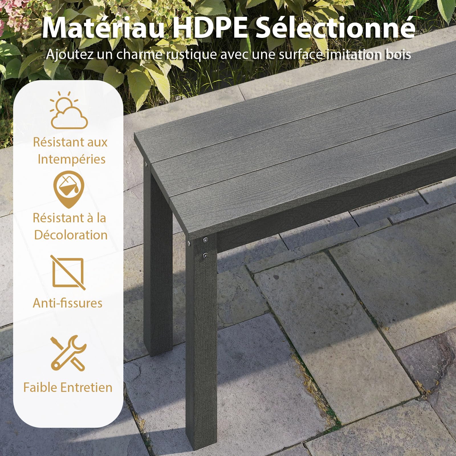 COSTWAY Banc Exterieur Jardin pour 2-3 Personnes, Banc de Jardin en HDPE, Surface en Grain de Bois, Barres en Métal, Banquette pour Porche Piscine Cour, Charge 340 kg, 140 × 35 × 45 cm (Gris)
