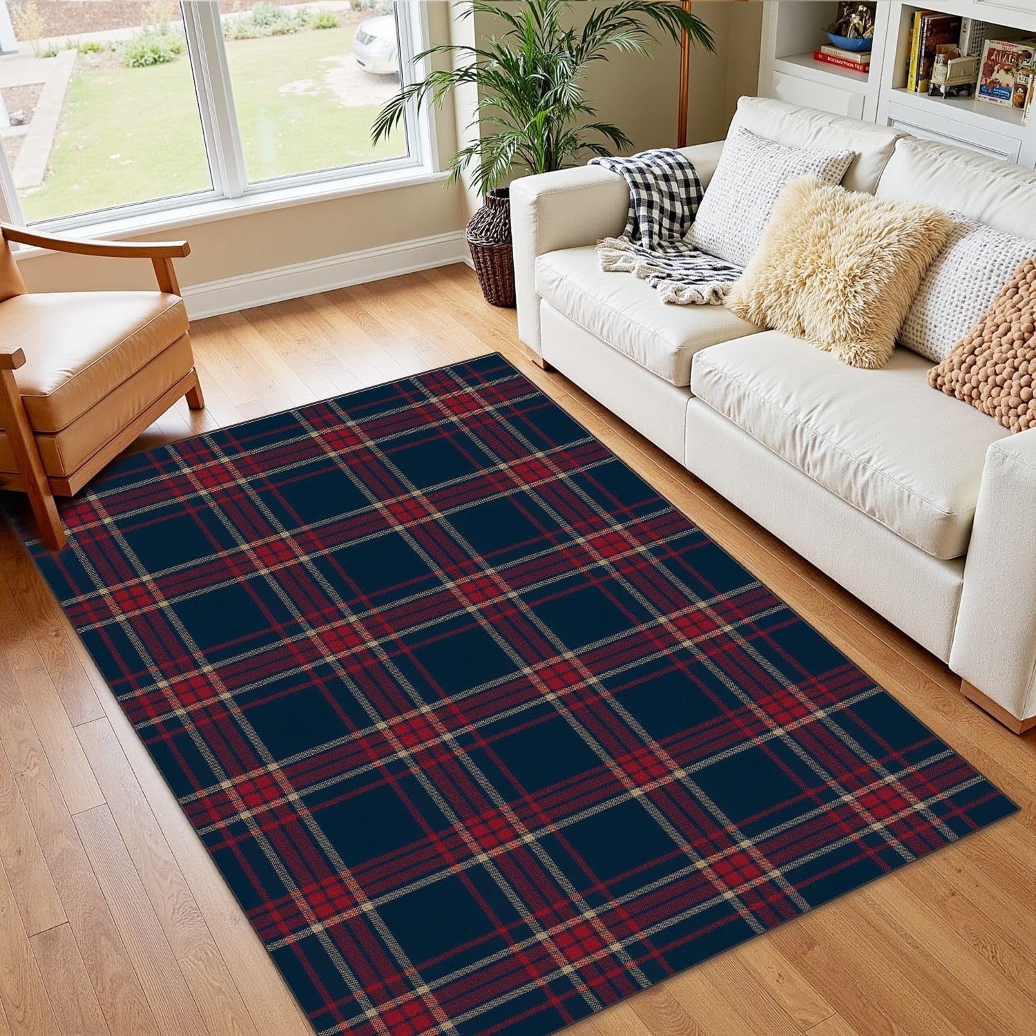 4x5 Boho Rug Rugs for Living Room Rugs for Entryway Blue Red Tartan Plaid Cloth Texture Bedroom Rug Door Mat Nursery Room Decor Rainbow Carpets