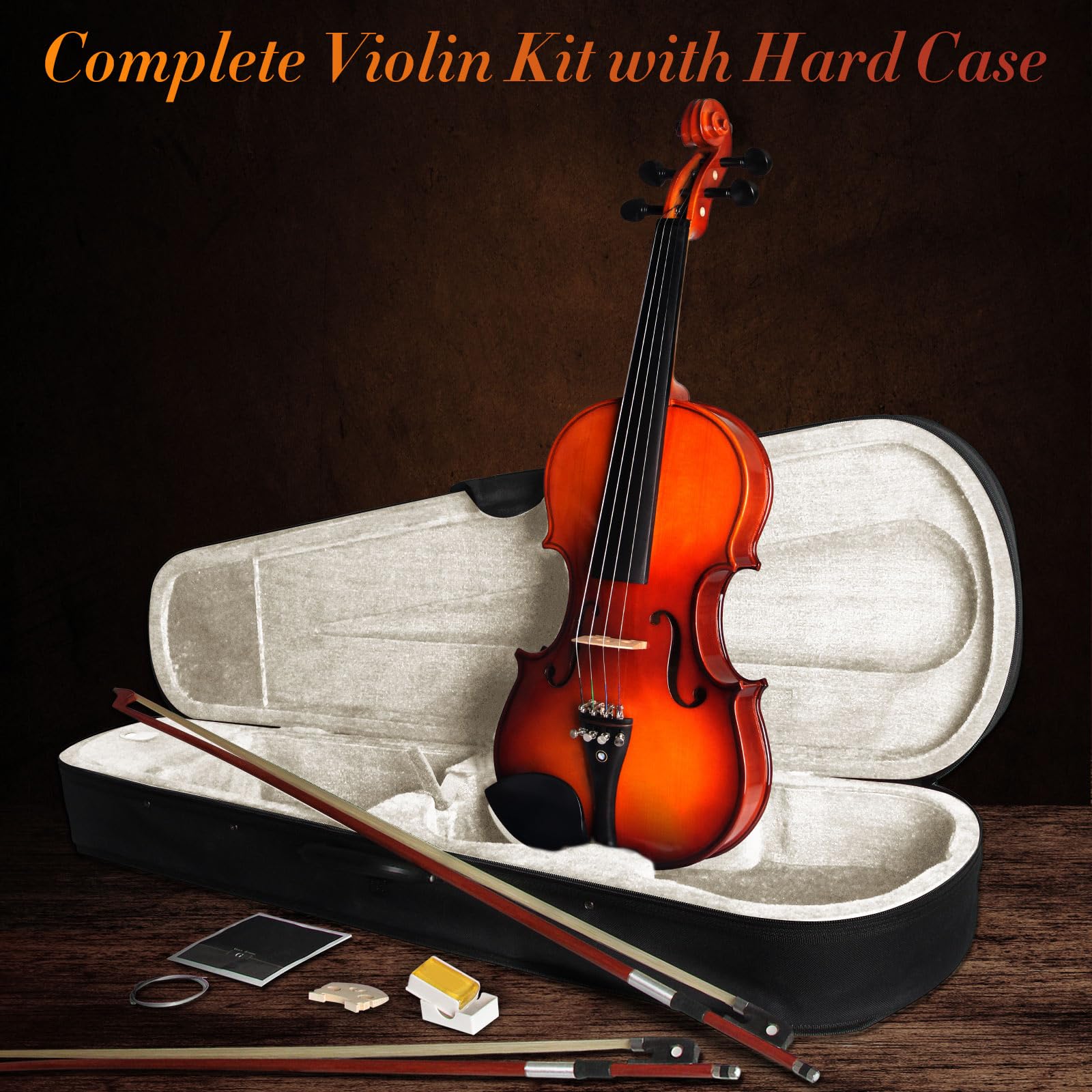 Violín para principiantes, violín de madera maciza de ébano con cuerdas, kit de violines principiantes para estudiantes con estuche duro, colofonia, arco, instrumentos musicales de cuerda,