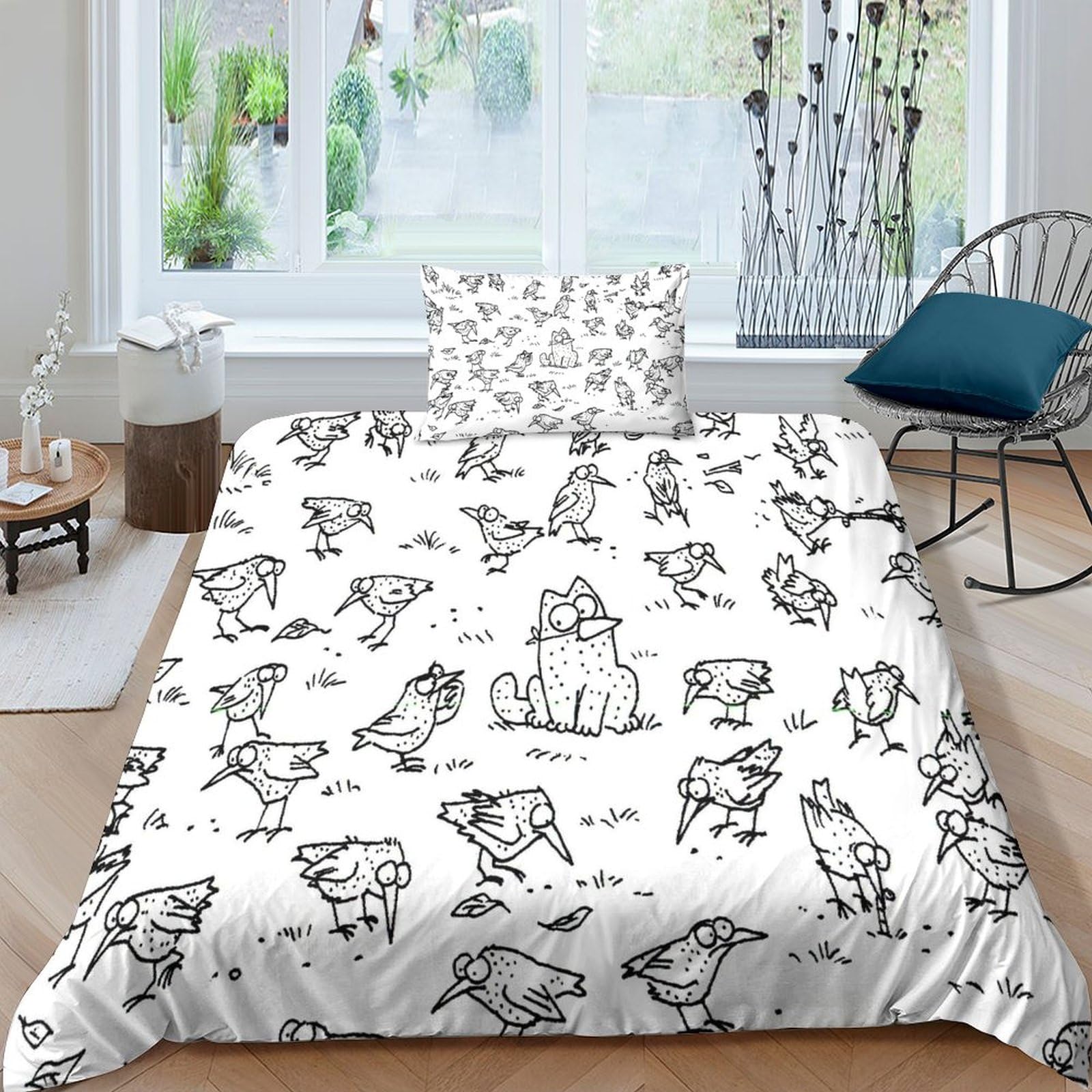 Juego de cama 3 piezas microfibra con funda nórdica 135x200cm de gato y pájaro