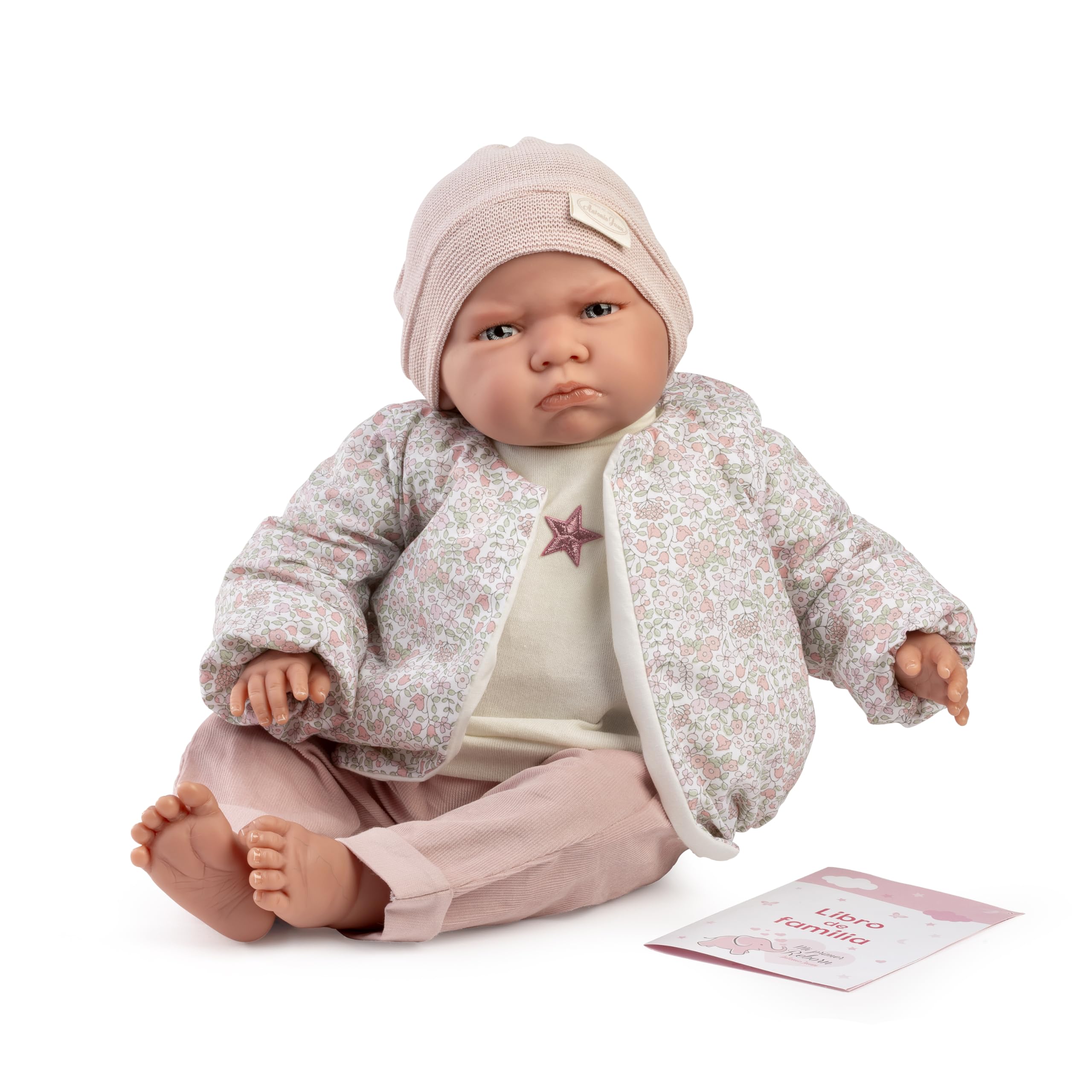 Muñecas Antonio Juan Mi Primer Reborn Berta, Muñeca Reborn con Conjunto Bomber Floral, Rosa y Crema, Incluye Gorro de Punto