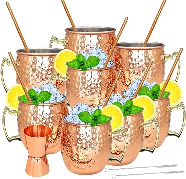 Moscow Mule Copper Mugs- Set of 8 Copper Plated Stainless Steel Mug 18oz, for Chilled Drinks 8 pcs