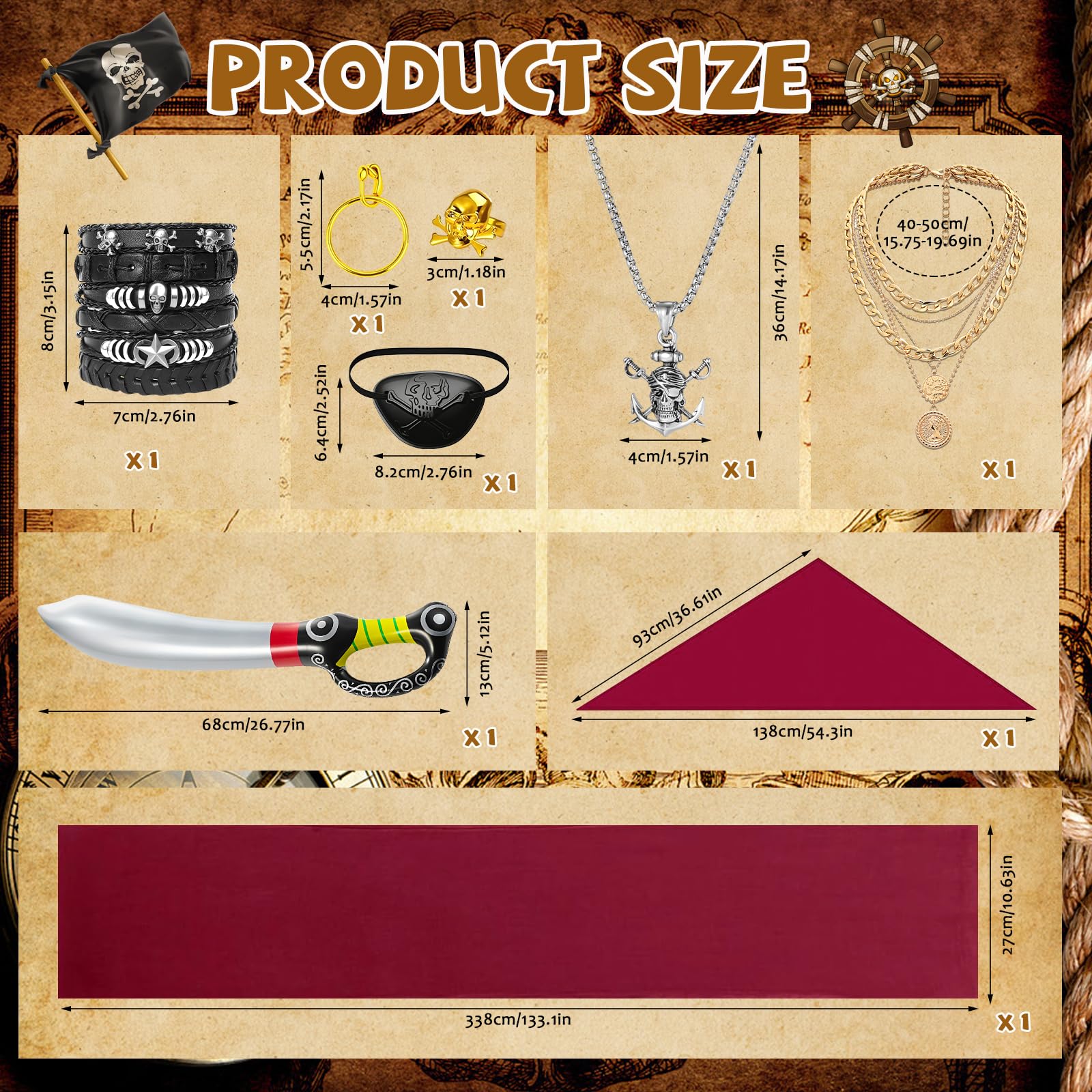 9 Medieval Pirate Costume Accessories Set for Adults,Pirate Fancy Dress Pirates Fancy Dress Set with Headscarf Eye Patch Necklace Bracelets Hip Scarf Dagger Prop for Halloween Cosplay Party (pirate) - Image 2