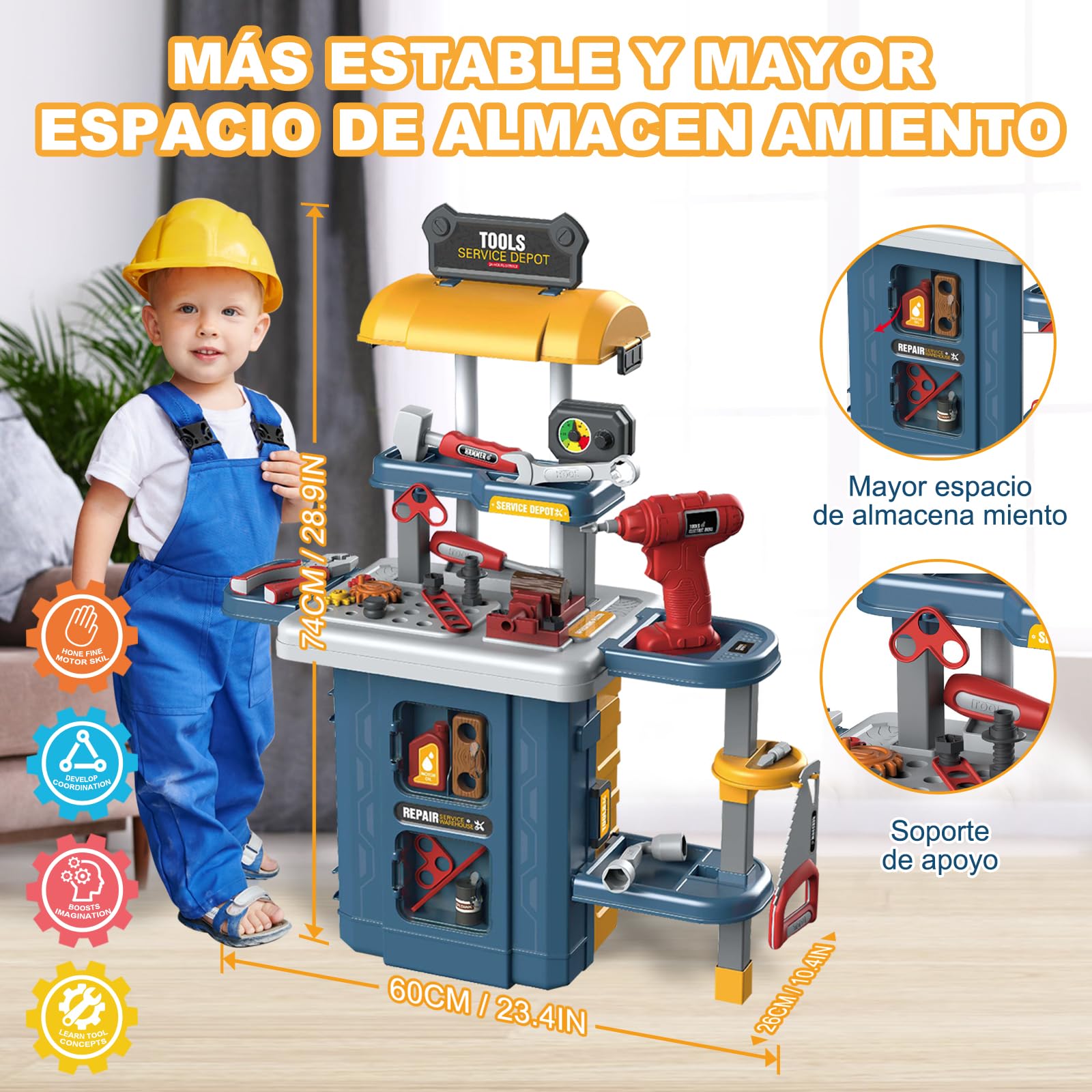 JONRRYIN Banco de Herramientas Juguete para Niños, Caja Herramientas Juguetes con Taladro Eléctrico Juguete, Banco de Trabajo Niños Cumpleaños Navidad Regalo para Niños (Azul)