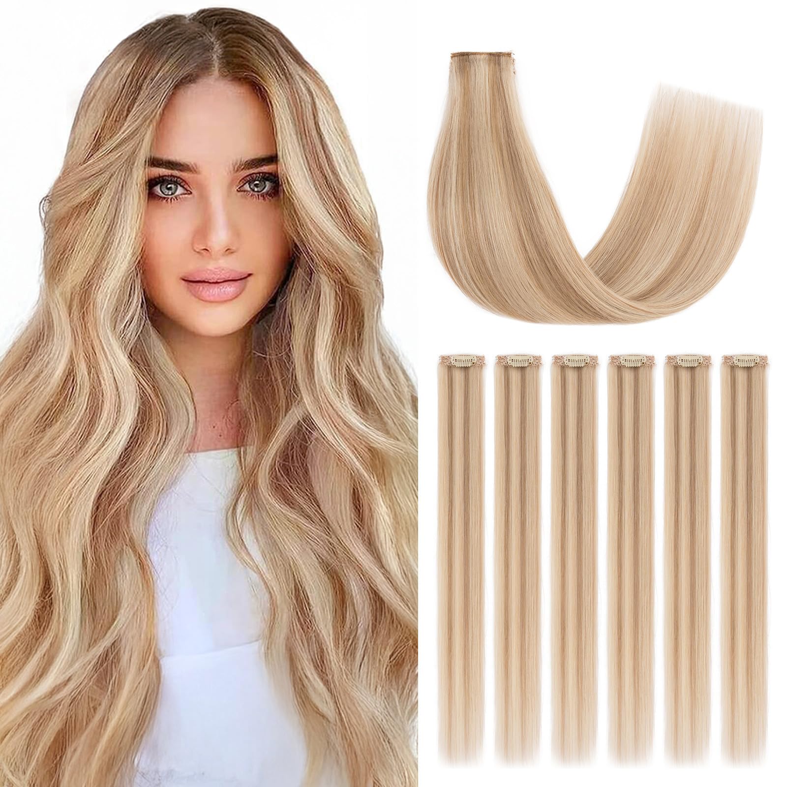 Silk-co Clip in Hair Extensions Real Human Hair Extension Double Weft With Lace Coverd Clip in Silky Straight Very Thin Highlight efffect Women 6PCS 6Clip 10In #12P613 Golden Brown&Bleach Blonde 31g