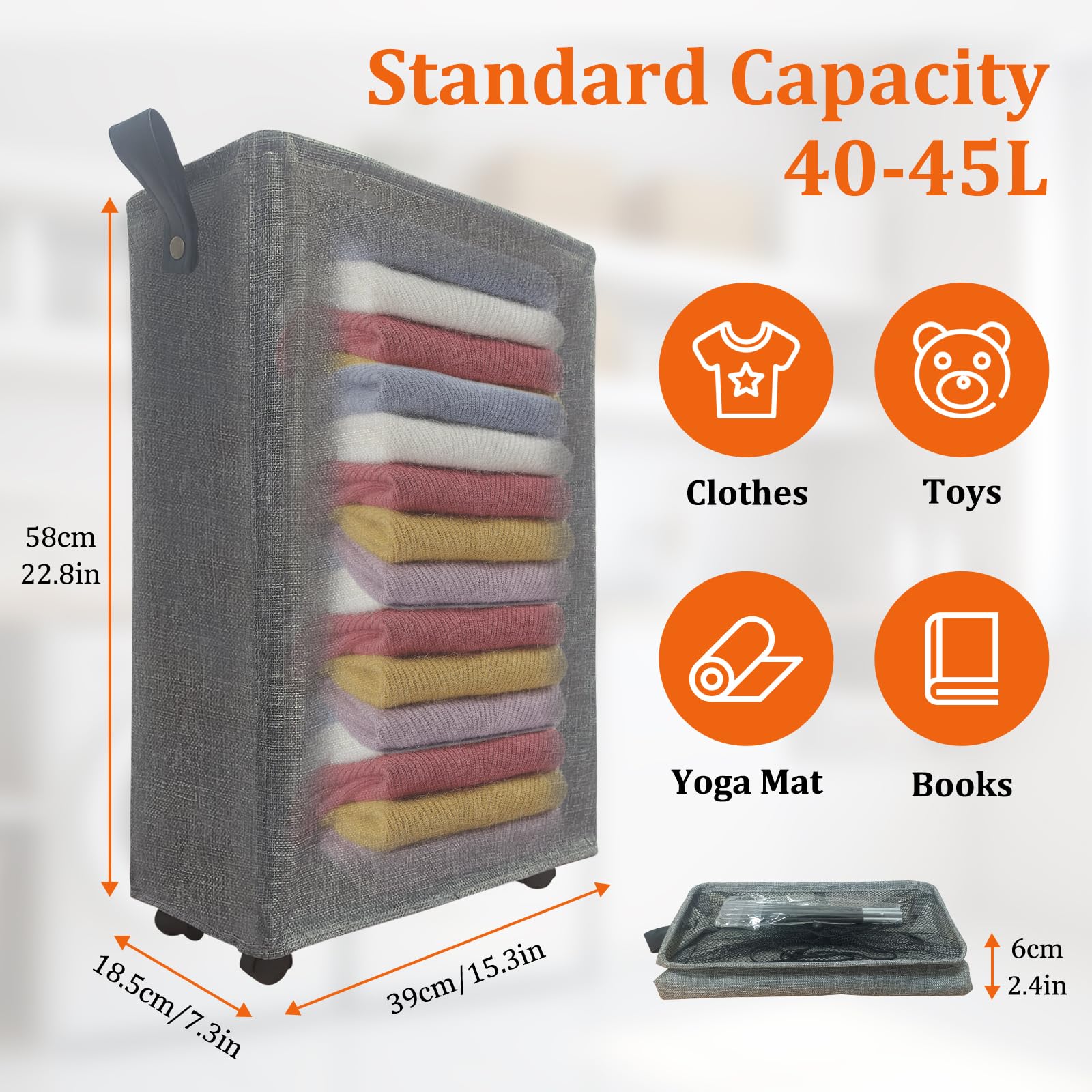 40L Wäschekorb Schmal, Faltbarer Wäschesammler mit Rollen, Klein Wäschebox mit Griff, Tragbar Wäschekorb Stoff, Schlank Aufbewahrungskorb, Wäschetonne für Badezimmer, Schlafsäle, Dunkelgrau - 3