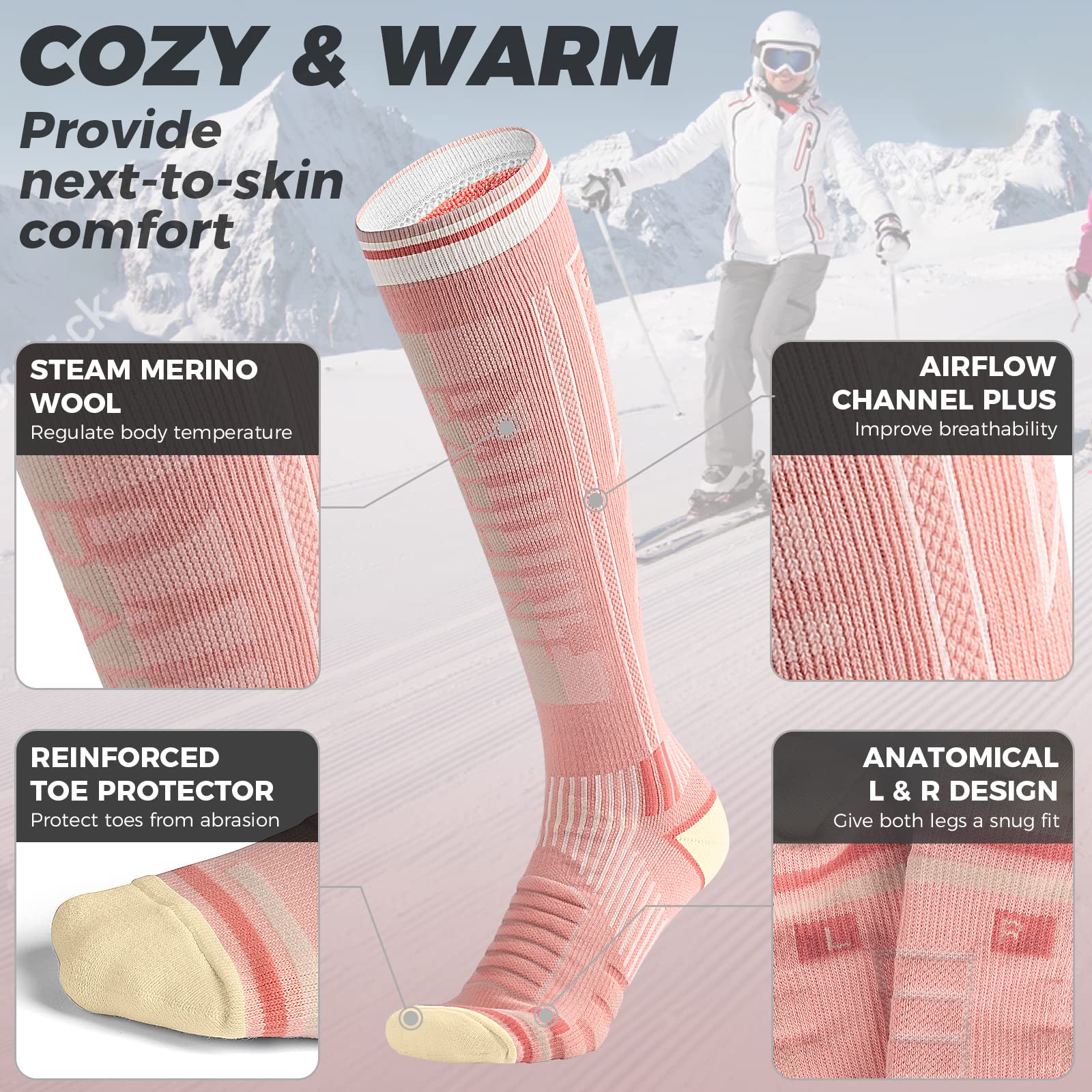 2 Paia Di Calze Sci in Lana Merino Per Uomo, Donna E Ragazzo, Calze Da Sci Snowboard a Compressione, Calze Termiche Sci Alte E Spesse Per Il Freddo, Traspiranti, Ad Asciugatura Rapida, Taglia 35-51