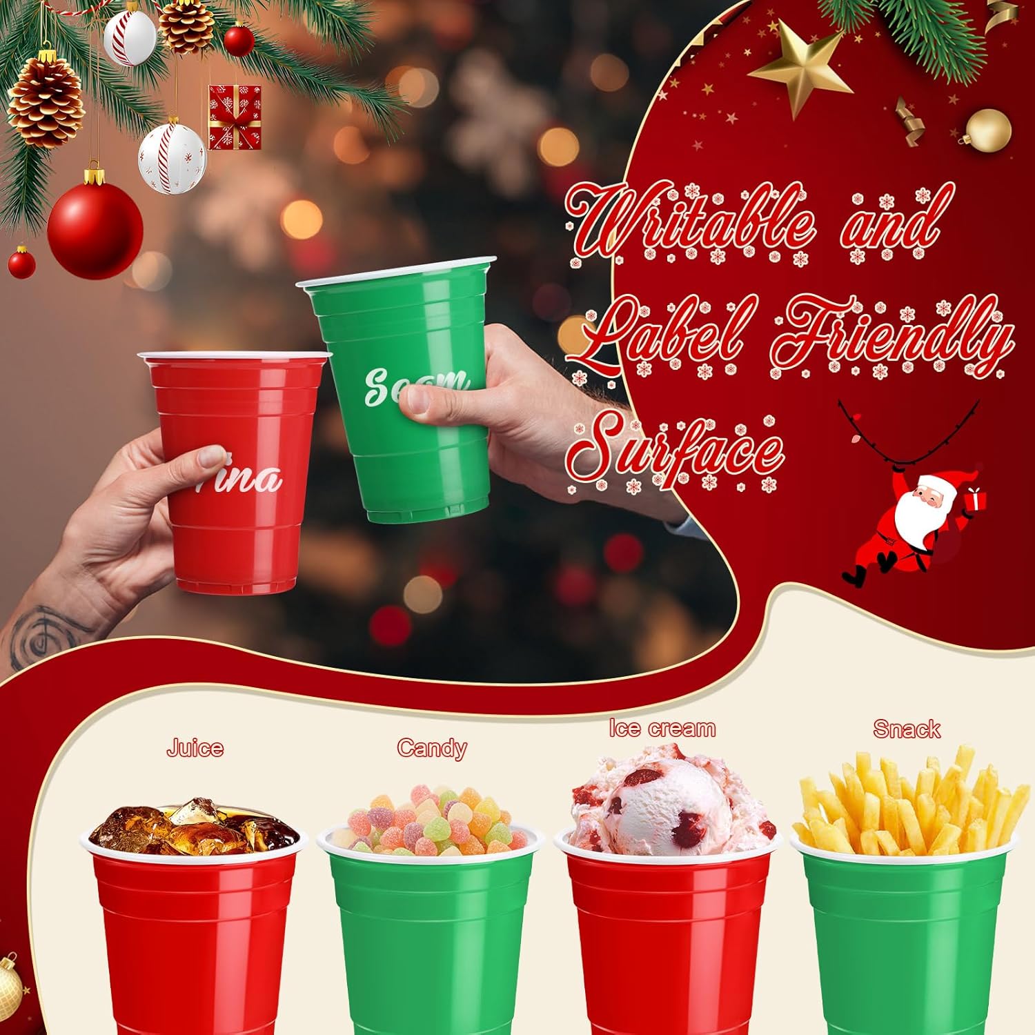 100 Pcs 16 Oz Christmas Plastic Cups Red and Green Disposable Shot Cups Bulk Holiday Christmas Party Cup Shot Glasses for Drinking Beverage Xmas Winter Party Supplies Camping Picnic Birthday