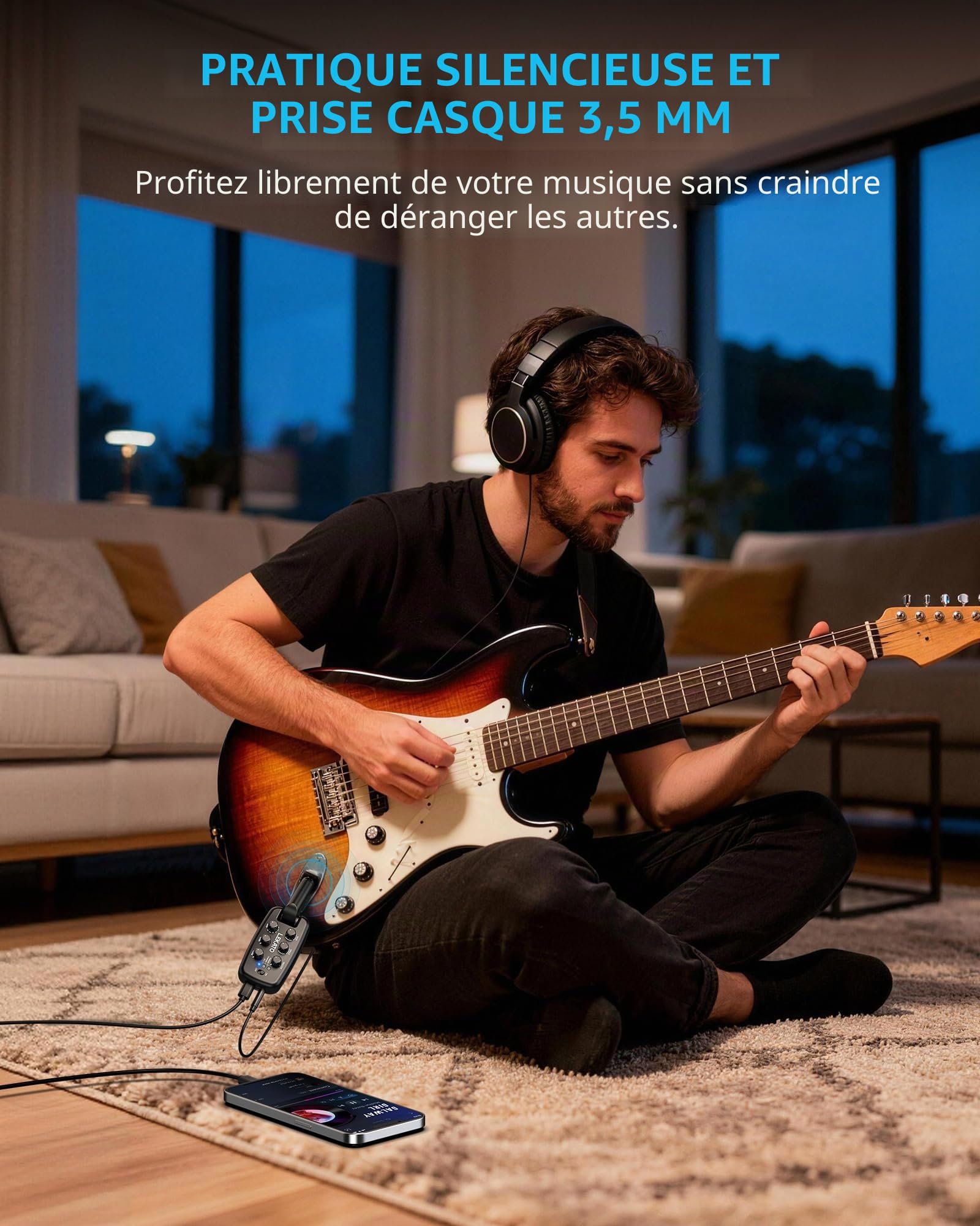 LEKATO Ampli de Casque pour Guitare, Ampli de Pratique Portable à Brancher pour Guitare Électrique et Basse, 9 Modèles d'Ampli & 6 Effets, Bluetooth 5.0, Prise Rotatif à 180°, Enregistrement OTG