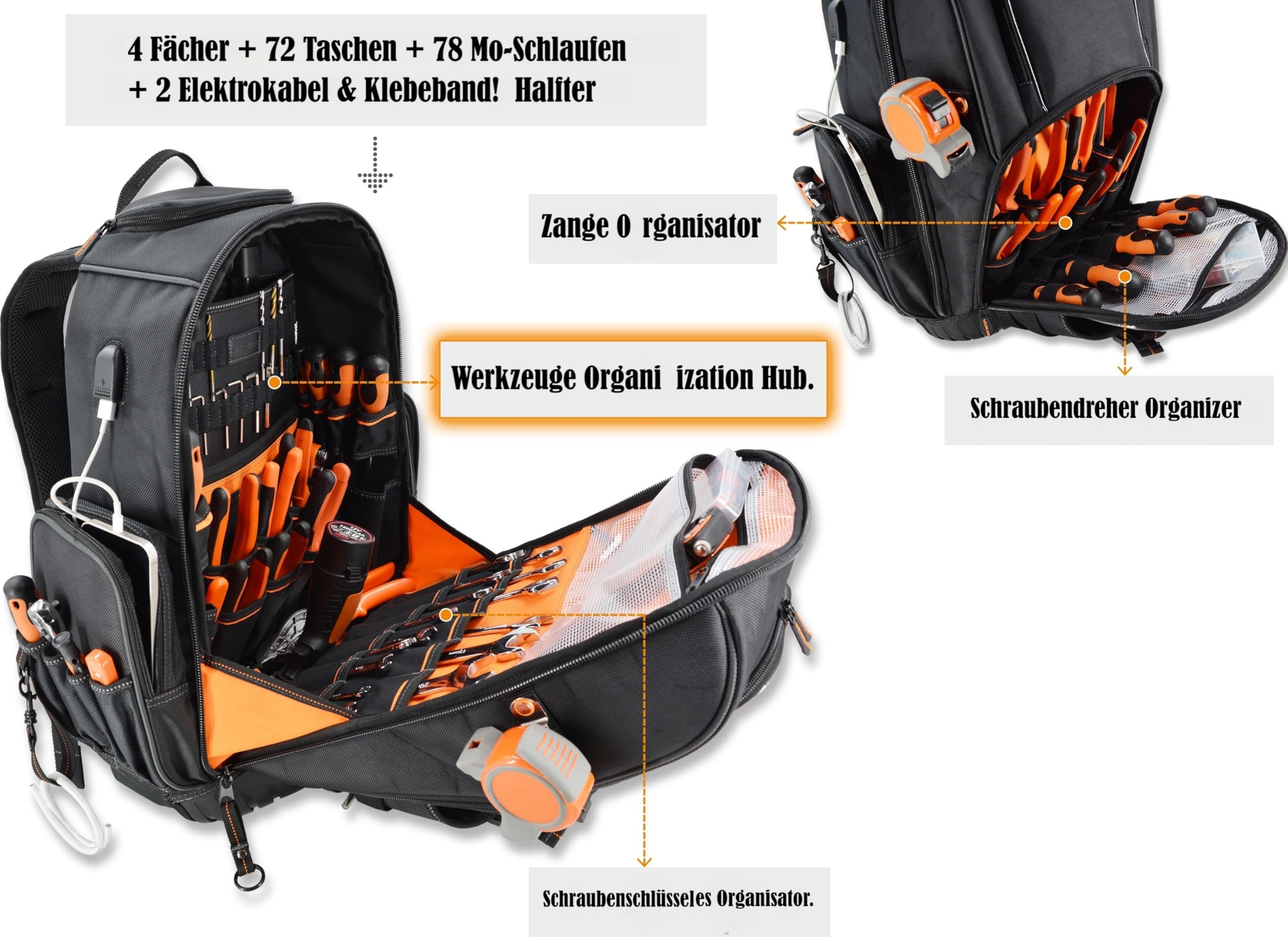 WELKINLAND 72 Taschen Roll-Werkzeug-Rucksack, große Werkzeugtasche mit Rollen, elektrische Tasche mit Rollen für Herren
