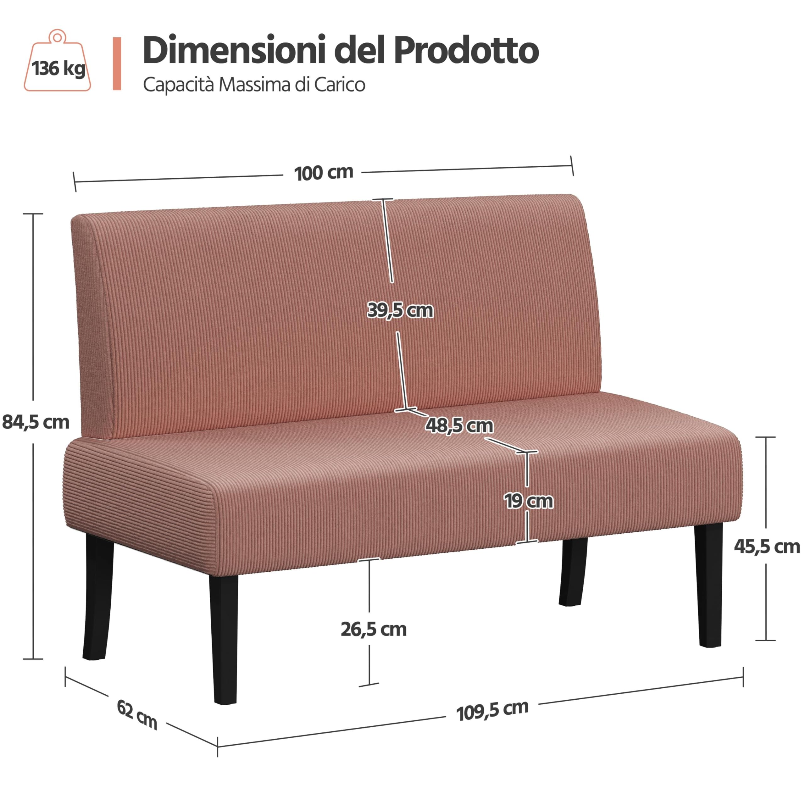 Yaheetech Divano a 2 Posti Moderno Divanetto da Salotto Senza Braccioli Sedia a Coste con Gambe in Legno per Soggiorno Ufficio 109,5 × 62 × 84,5 cm Rosa
