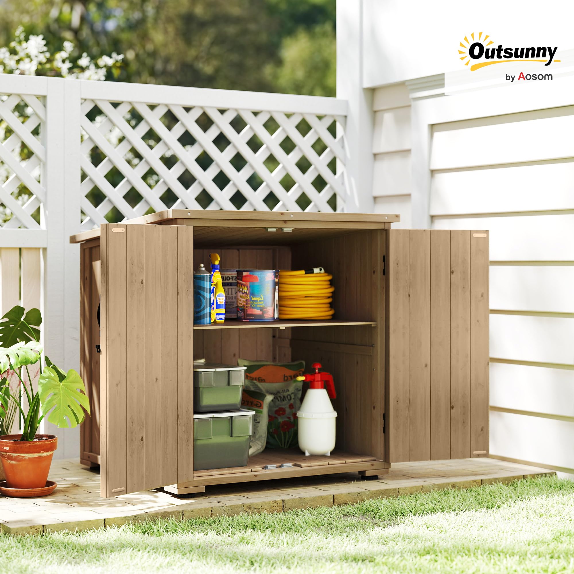 Outsunny Gartenschrank Holz, Geräteschrank, Outdoor wetterfest Geräteschuppen, Holzschrank mit Doppeltür, Mehrzweckschrank für Garten, Balkon, Natur
