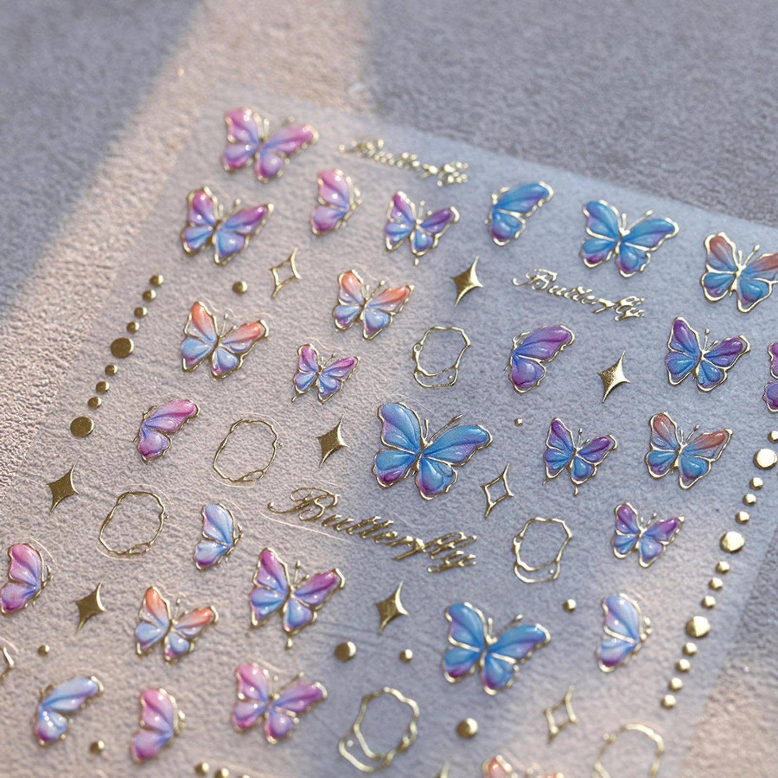 Blue Purple Butterfly Nail Stickers 5D Embossed Ombre Gold Star Nail Art Stickers 3D Self-Adhesive Summer Nail Decals Butterflies Nails Decoration