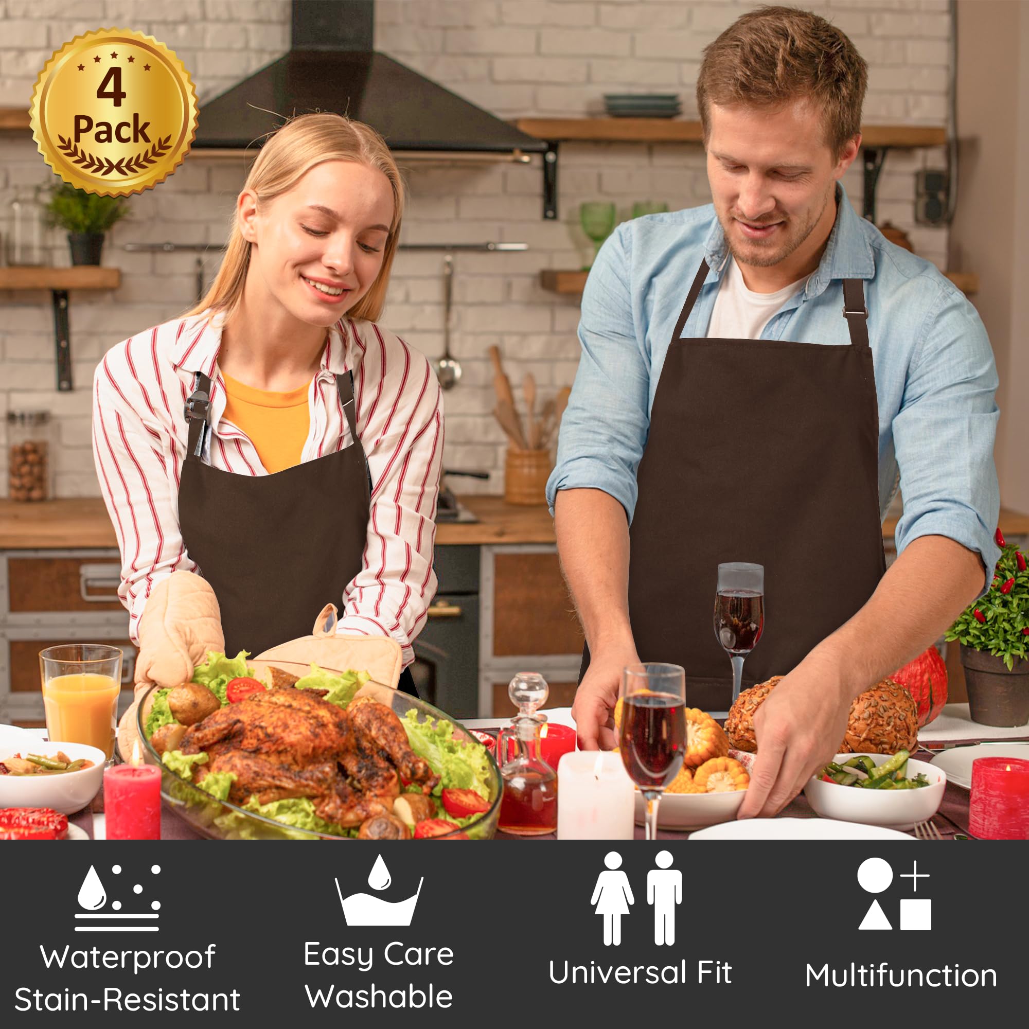 atopo 4 Packs Chef Apron, Waterproof Catering Apron with 2 Pockets - Image 2
