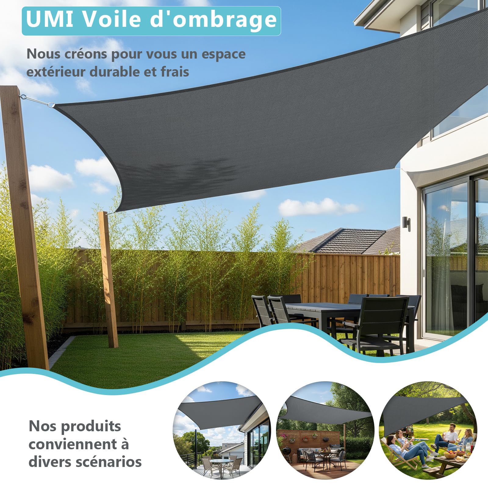 UMI Voile d'ombrage Imperméable Carré 3x3m Toile Ombrage PES avec 95% Protection UV pour Jardin Terrasse Balcon Patio Extérieur - Anthracite