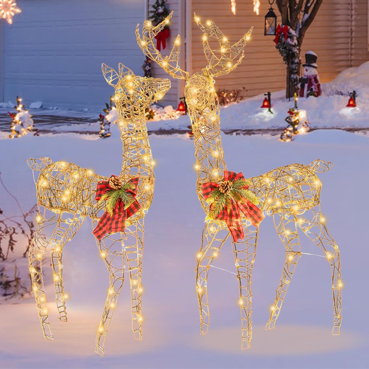 GOPLUS 2 Renos de Navidad Exterior, Juego de 2 Ciervos Iluminados, Decoración Navidad Blanco Cálido con 200 Luces LED,Función de Temporizador, Luz Intermitente, Reno Grande de 110 cm para Jardín Patio