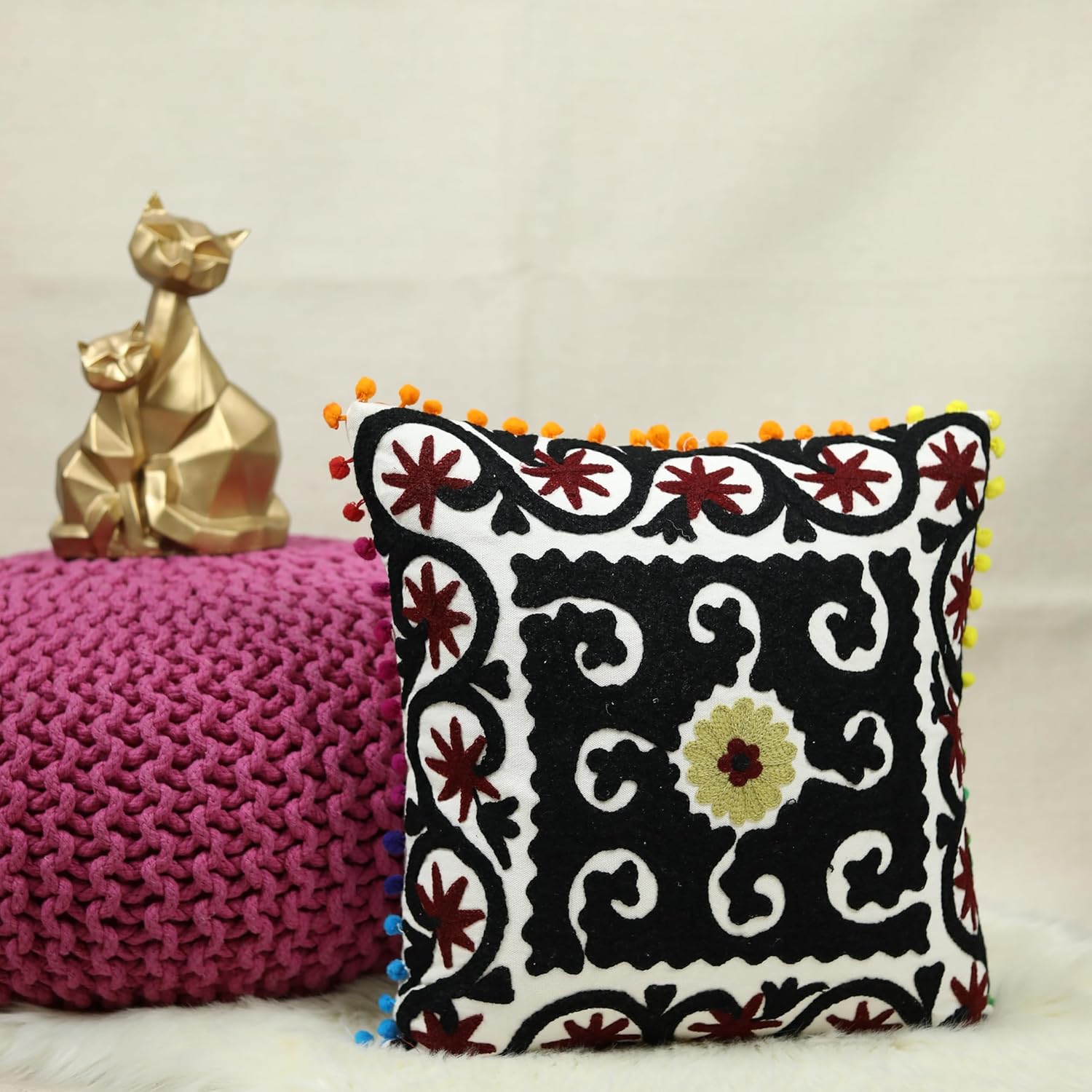 Trade Star Floral Embroidered Cushion Cover with Pom Pom Lace Cushions, Decorative Bohemian Pillow Covers, Indian Cotton Cushion Covers