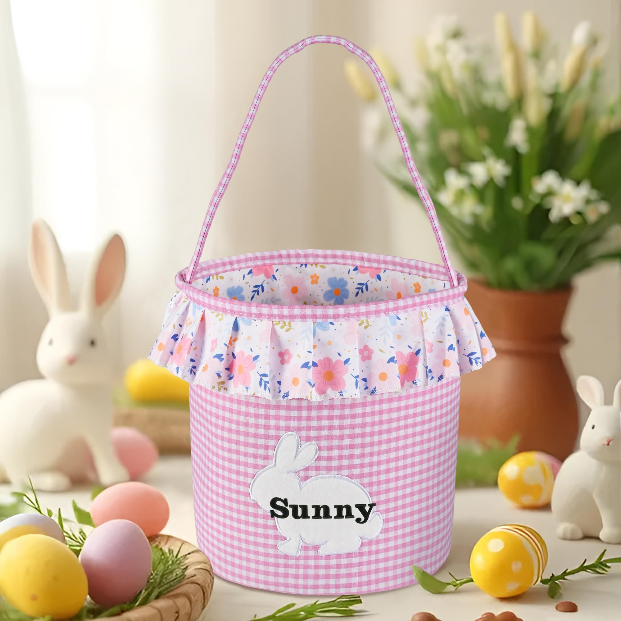 Easter Basket for Kids, VAPCUFF Easter Bunny Basket, Personalized Easter Baskets, Easter Basket with Name - Pink Basket with Flower