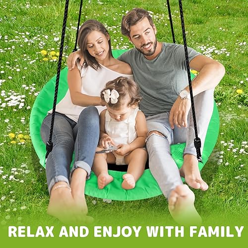 Miniatura 5 de Columpio de platillo para niños, columpio de árbol al aire libre de 40 pulgadas con capacidad de peso de 660 libras, tela impermeable Oxford 900D y