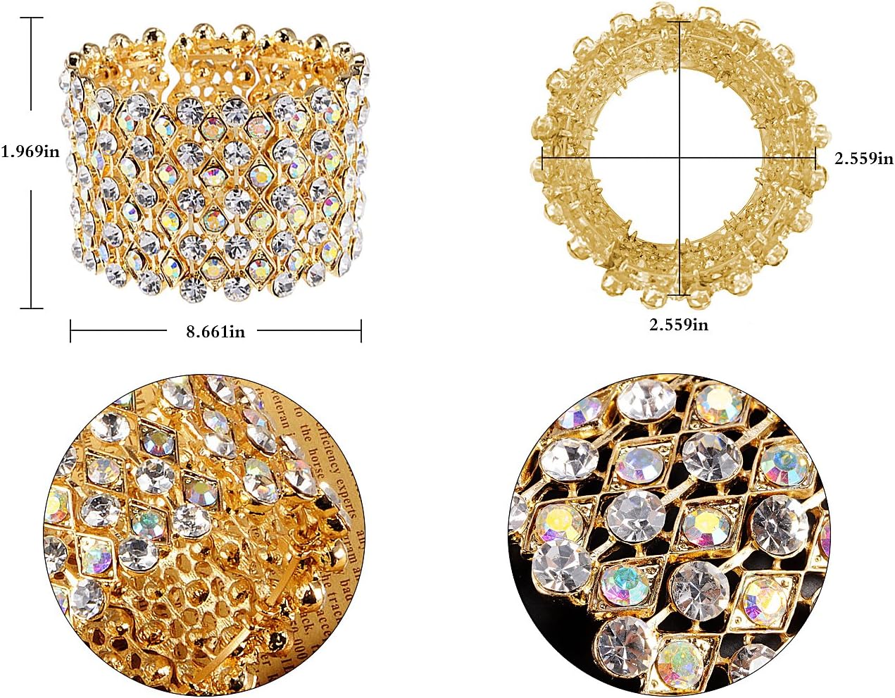 Alilang Wedding Prom Aurora Borealis Color Crystal Rhinestone Stretch Wide Open Cuff Bangle Bracelet - Image 6