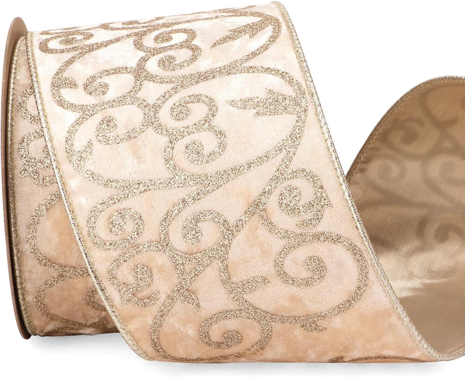 Ribbli Light Champagne Velvet Ribbon Wired with Glitter Swirl 4 Inch Christmas Ribbon for Christmas Tree Decoration Big Bow Gift Wrapping Crafts Wreaths Supplies - 10 Yards