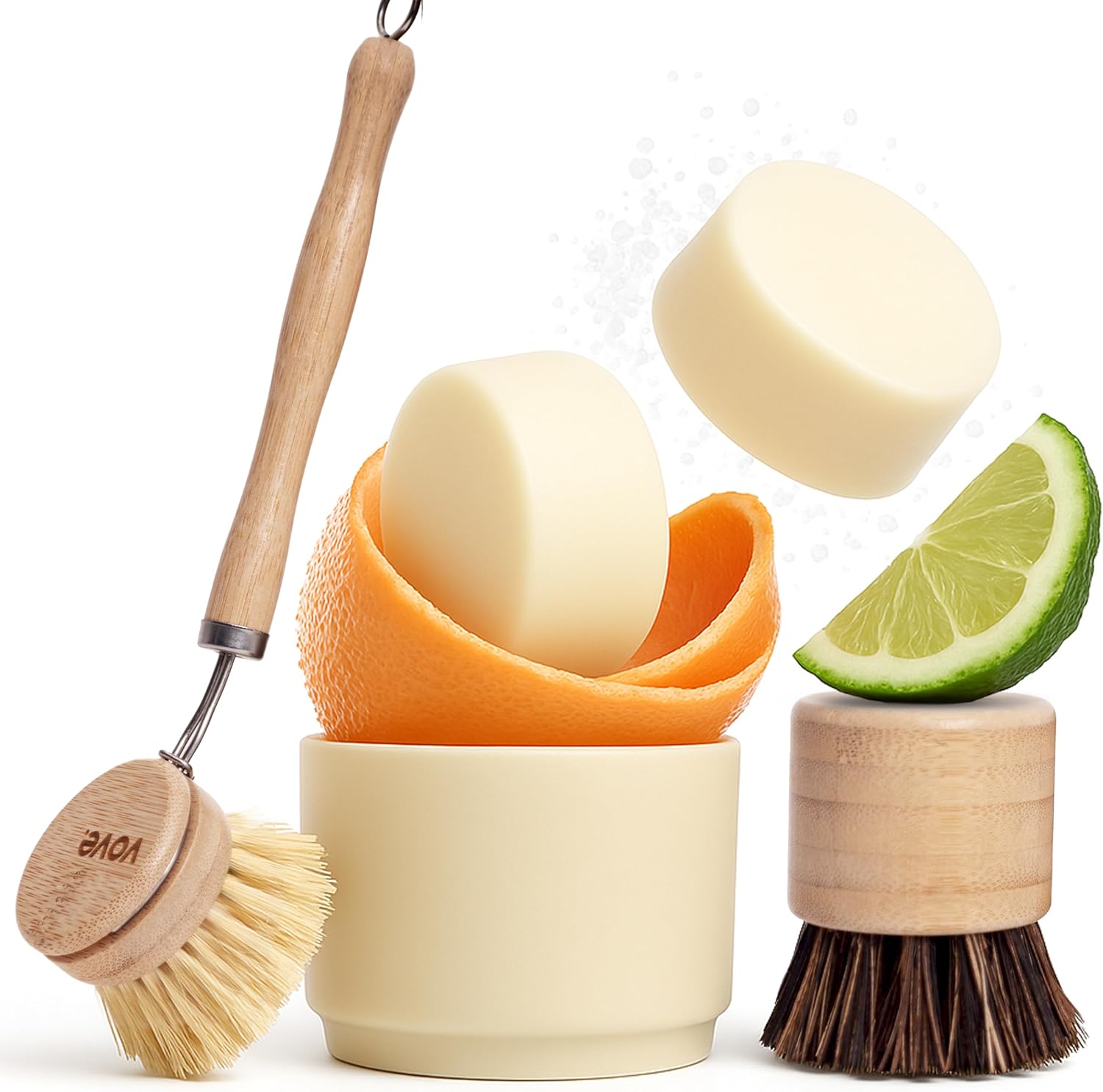 Zero Waste Dish Washing Bundle | Cold Pressed Natural Soap Bar Set with Bamboo Brush, Scrubber & Ceramic Holder | Bergamot & Grapefruit | Complete Set